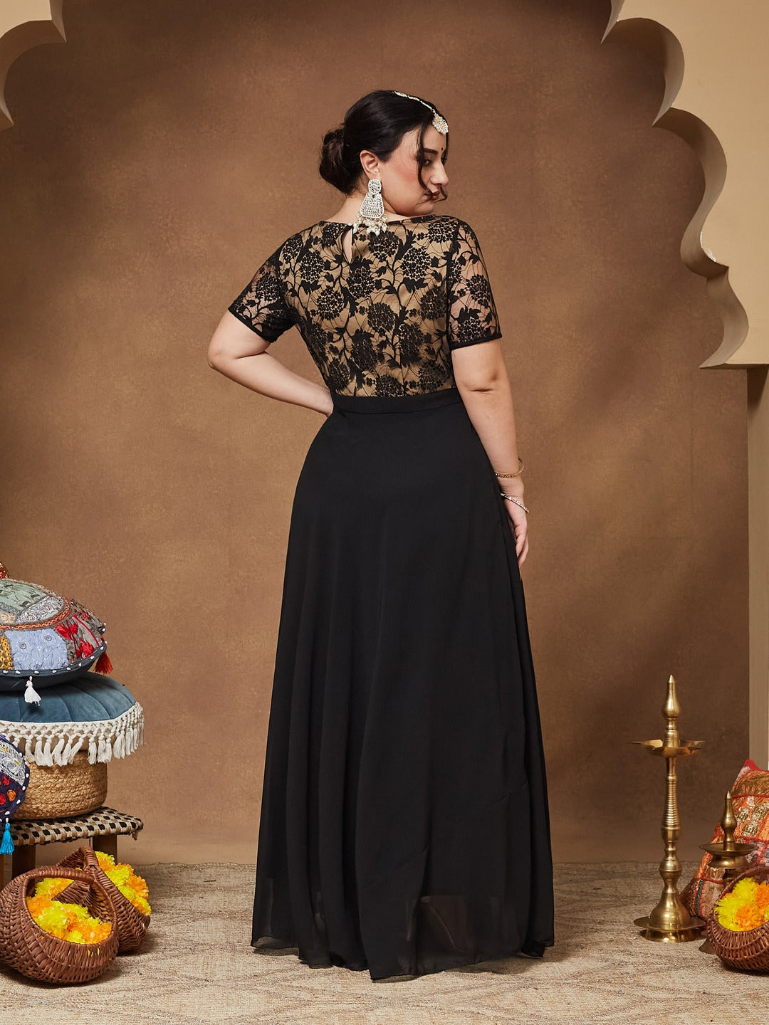 Black Round Neck Half Sleeve Self Design Fit & Flare Georgette Maxi Dress for Women