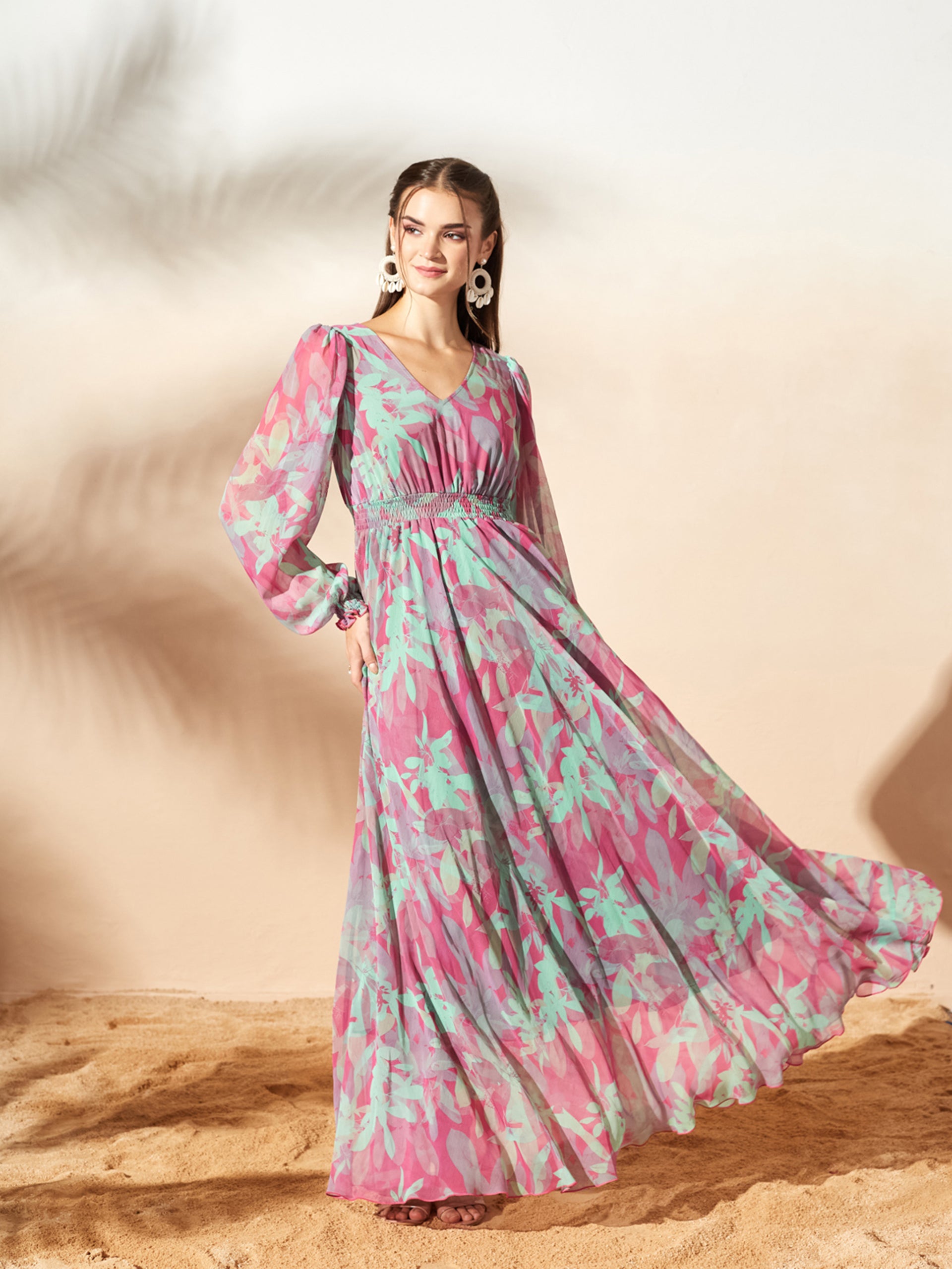 Pink & Mint Full Sleeves Floral Printed Fit and Flare Dress for Women