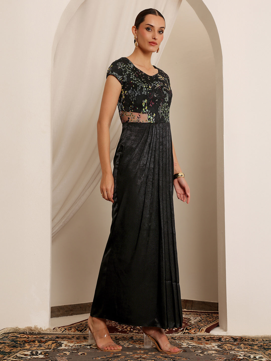 Women's Black Sweetheart-Neck Raglan-Sleeve Embellished Draped Maxi Velvet Dress