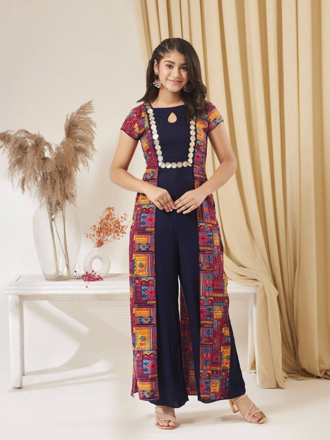 Navy Blue Keyhole-Neck Regular Sleeve Bohemian Paneled Viscose-Rayon Jumpsuit for Girls/Teenagers