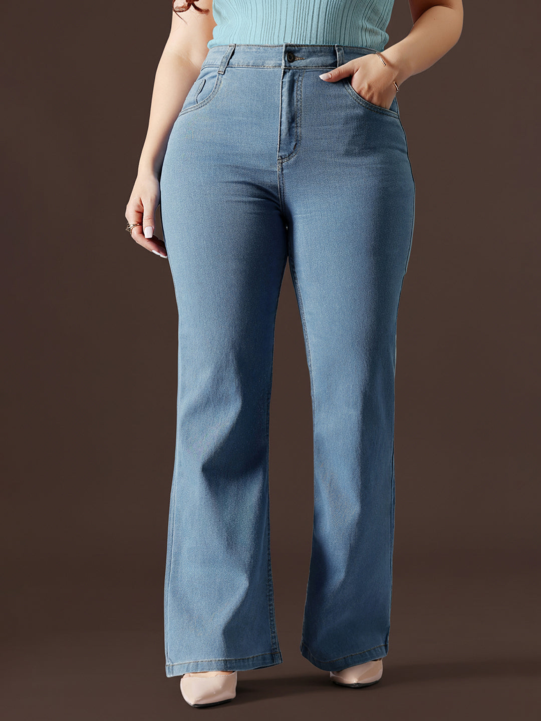 Light Blue Bootcut High rise Regular Stretchable Denim Jeans for Women