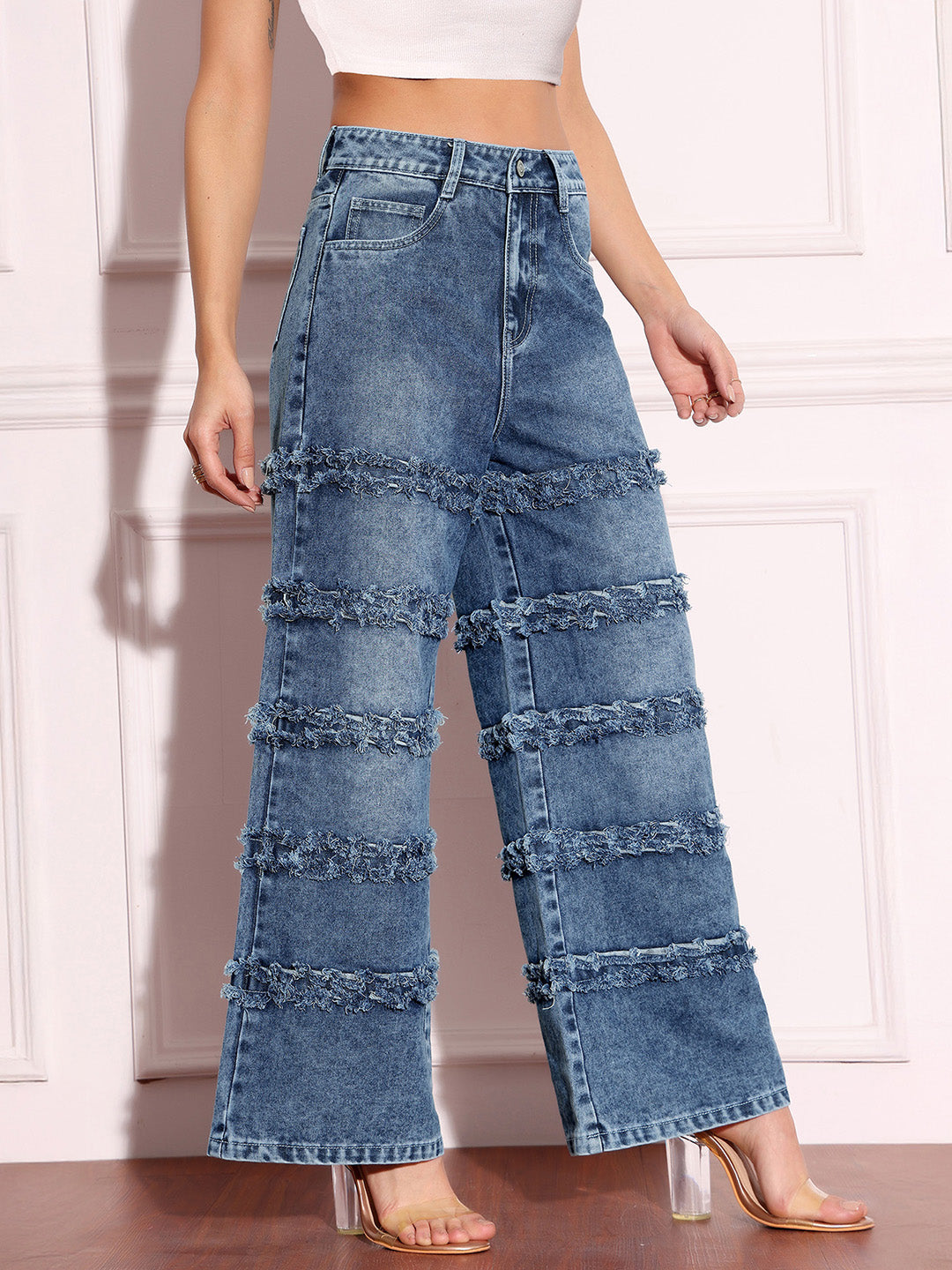 Women's Navy-Blue Wide-Leg High-Rise Highly-Distressed Regular-Length Denim Jeans