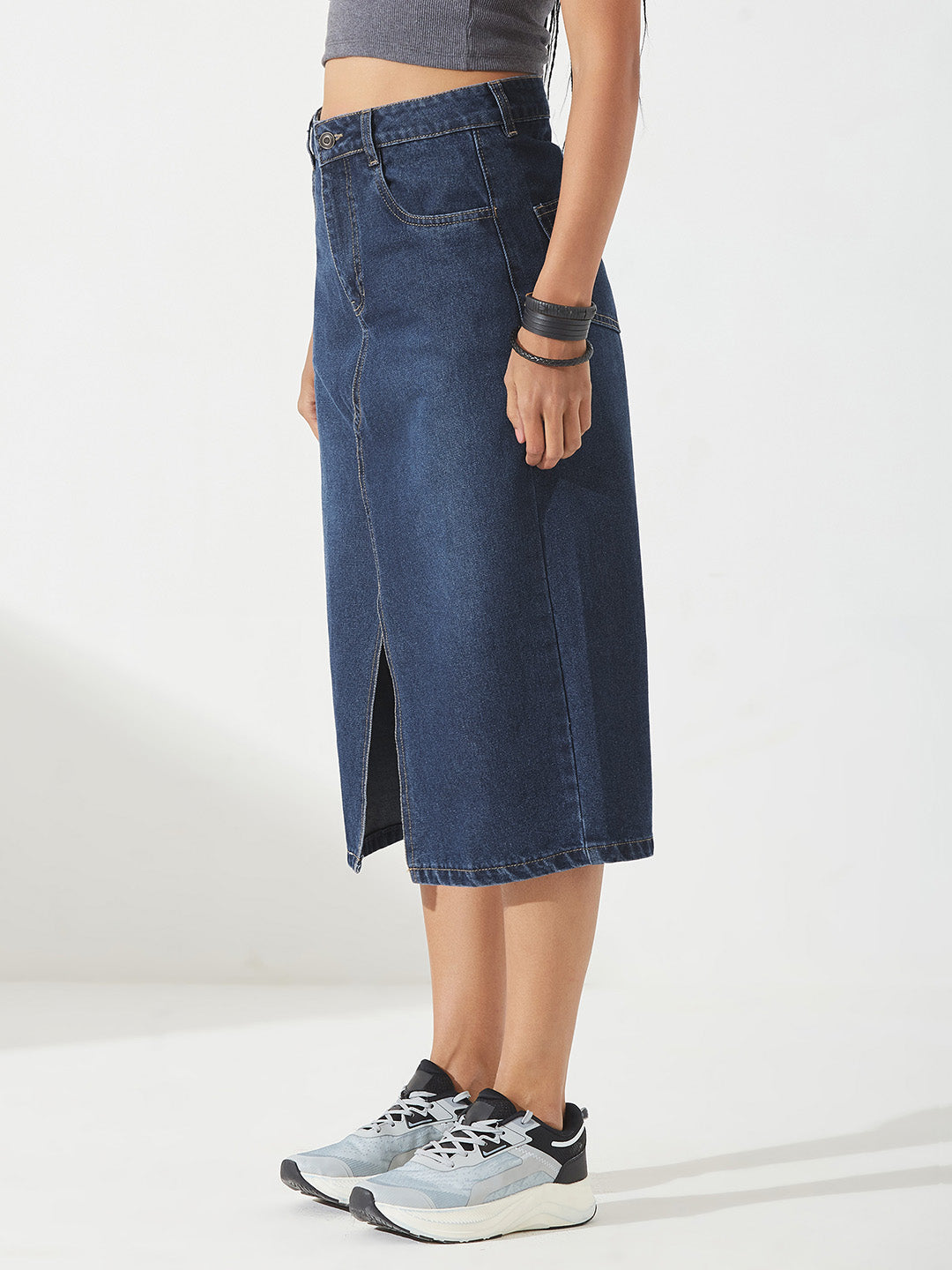 Dark Blue A-Line High-Rise Non-stretchable Denim Midi Skirt for Women