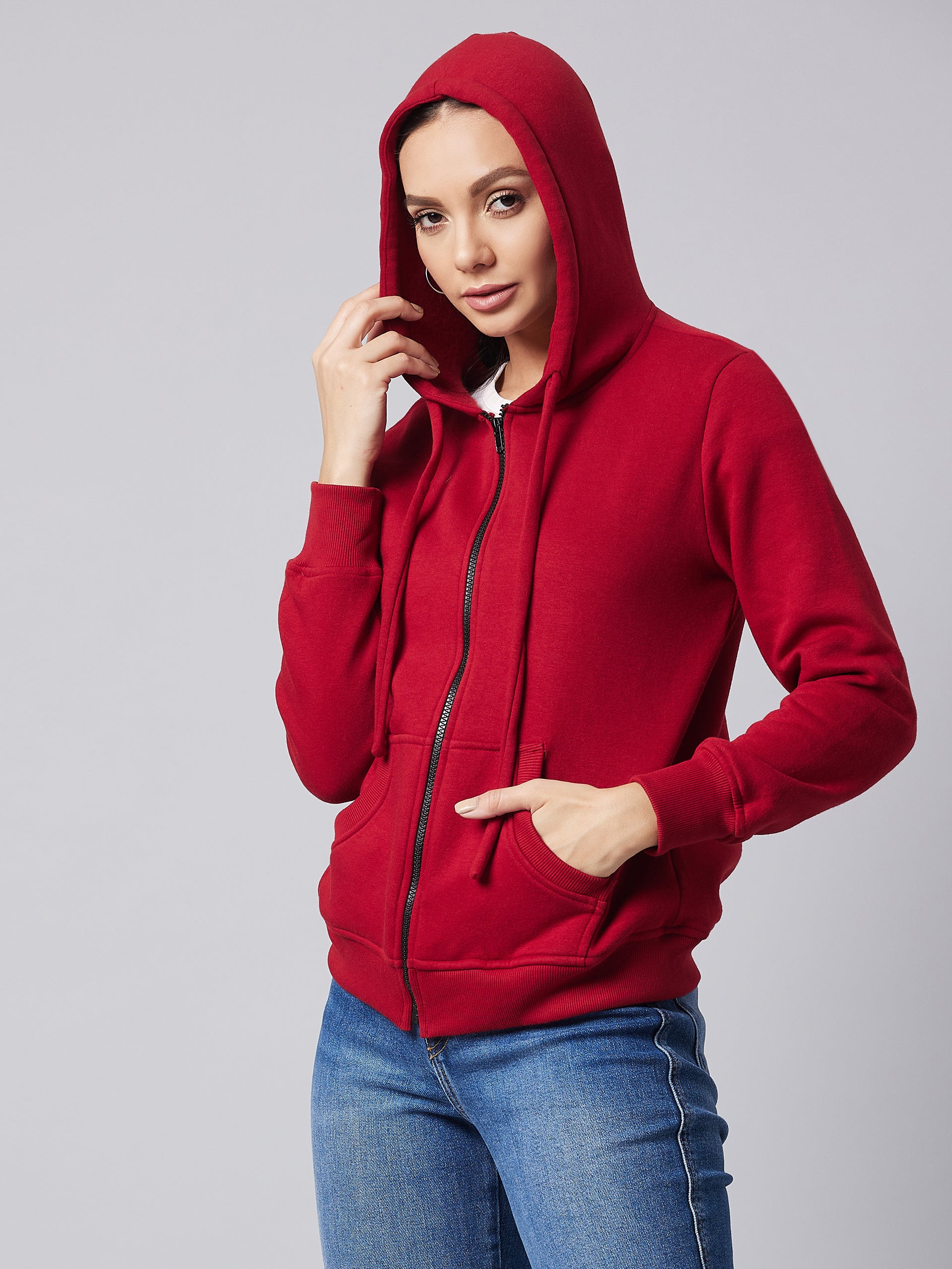 Women's Maroon Round Neck Full Sleeve Solid Hooded Regular Sweatshirt