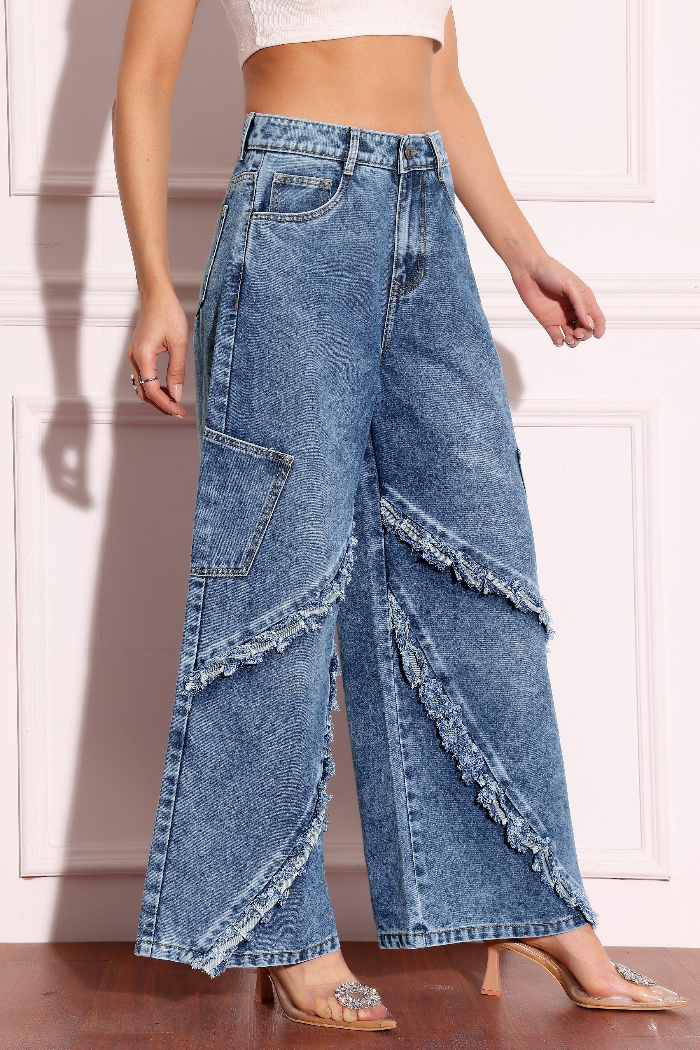 Women's Navy-Blue Wide-Leg High-Rise Highly-Distressed Regular-Length Denim Jeans