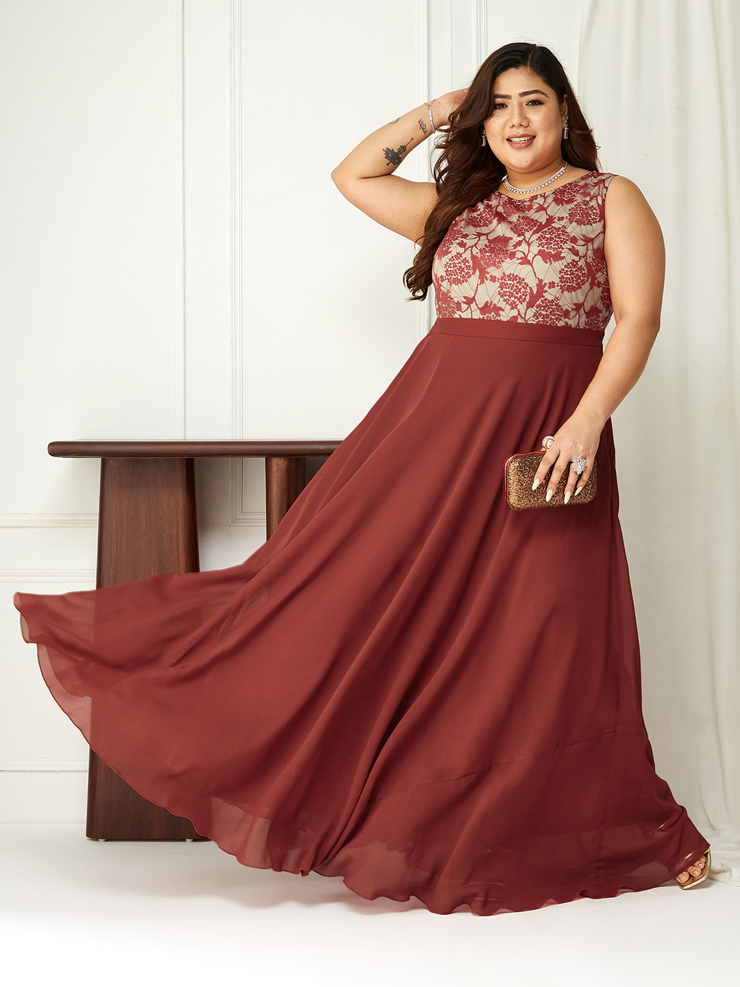 Brick Red & Dusty Green Sleeveless Fit and Flare Lace Dress for Women