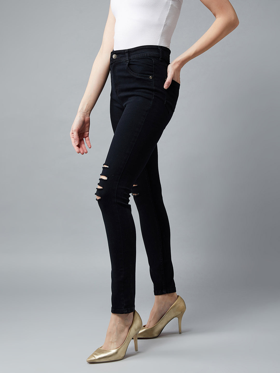 Women's Black Slim-Fit High-Rise Mild Distressed Ripped Stretchable Denim Jeans