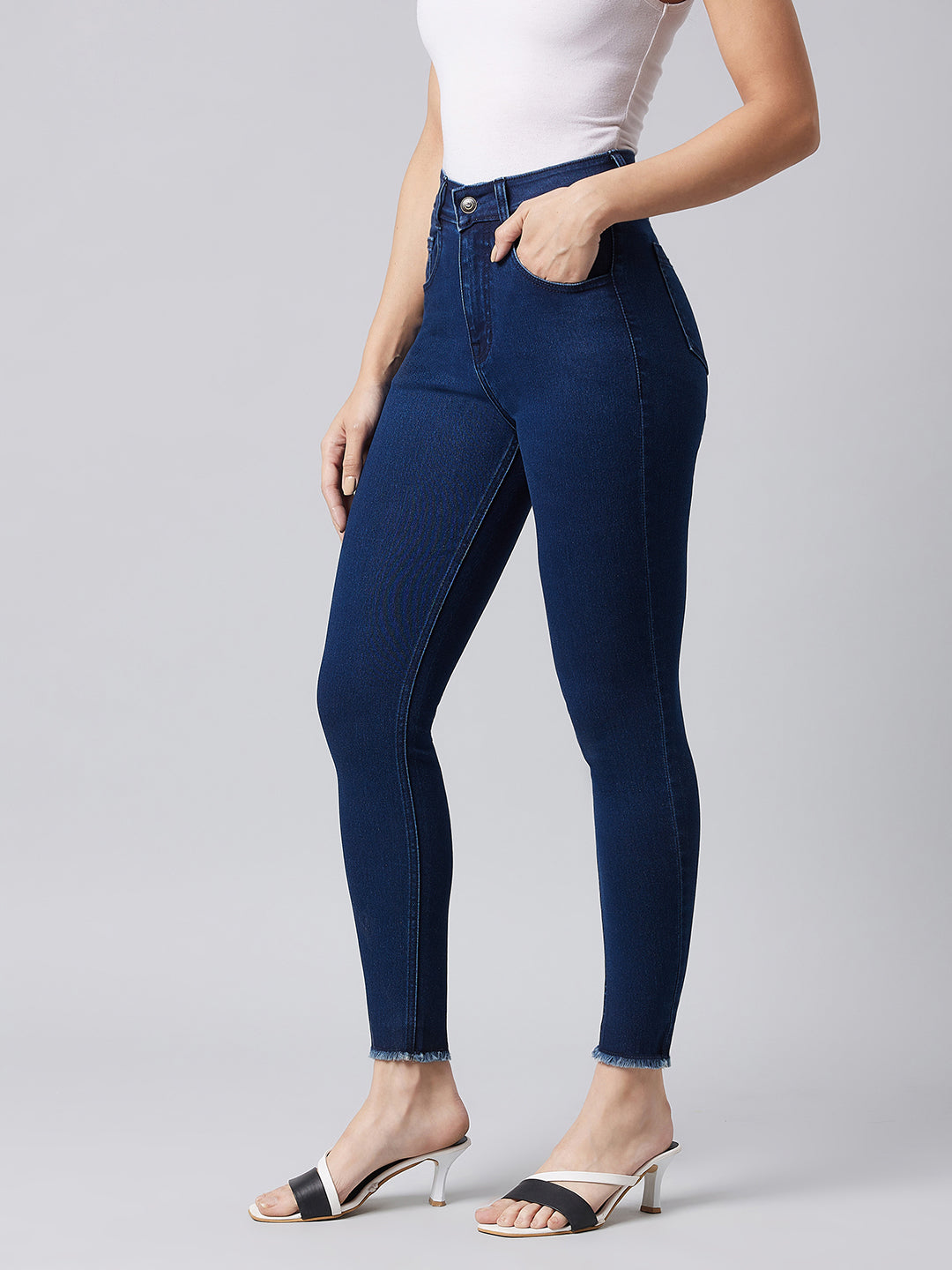 Women's Navy-Blue Skinny High-Rise Clean-Look Cropped Stretchable Denim Jeans