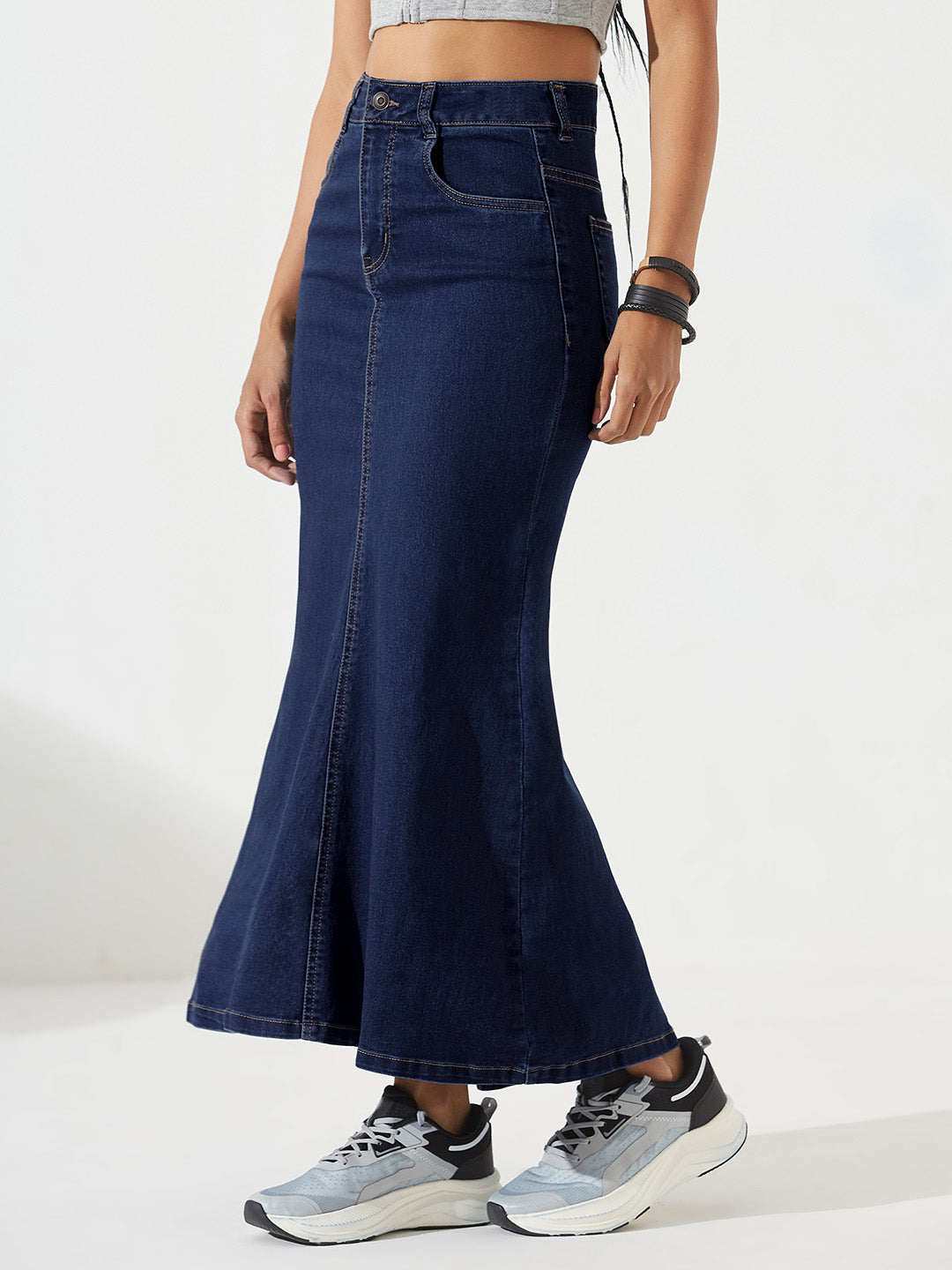 Dark Blue Flared High-Rise Clean-Look Stretchable Denim Maxi Skirt for Women