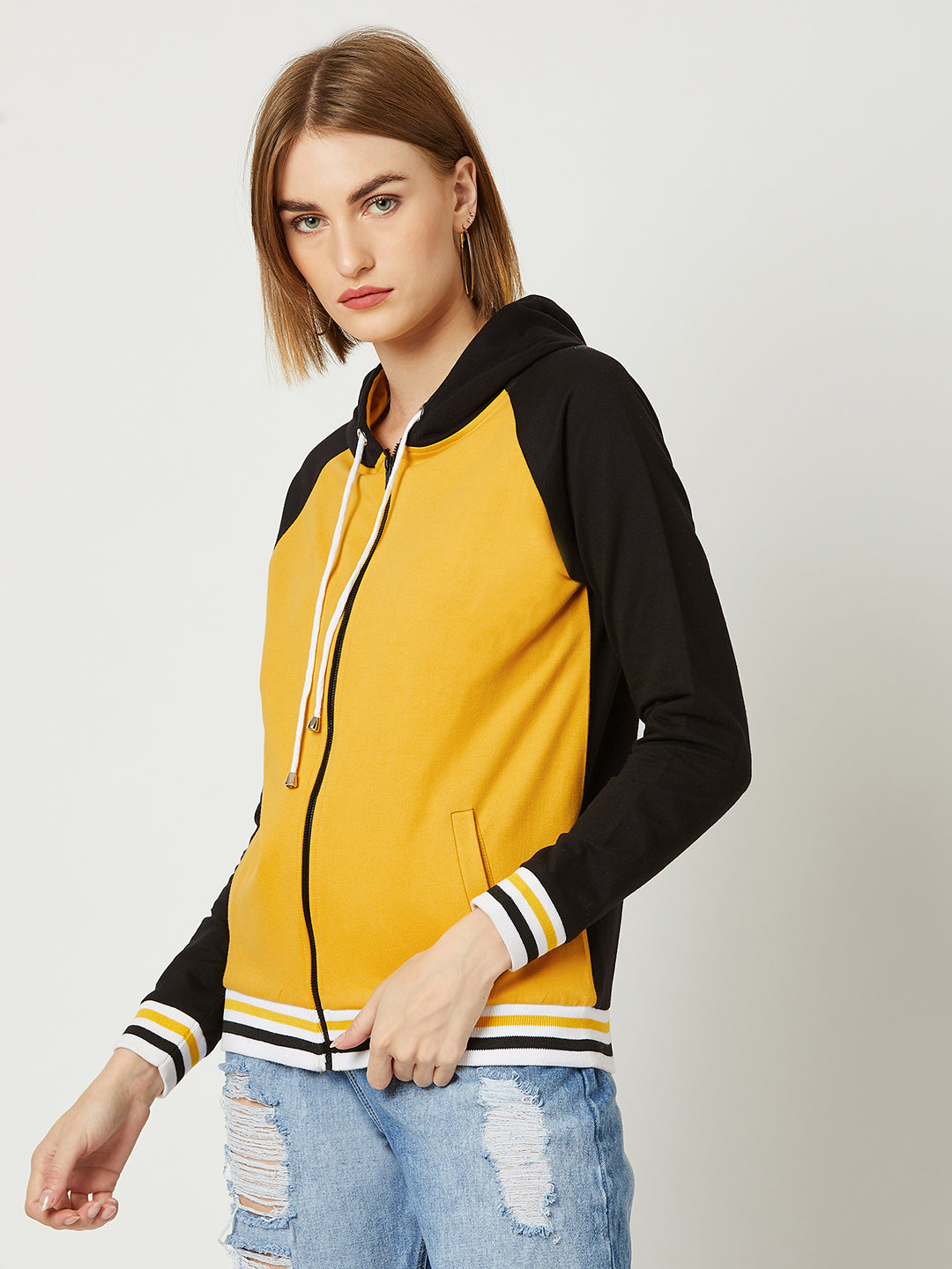 Women's Multicolored- Base- Mustard Yellow Hooded Full Sleeves Loop knit, Rib Solid Color-Block/Raglan Regular Length Jacket