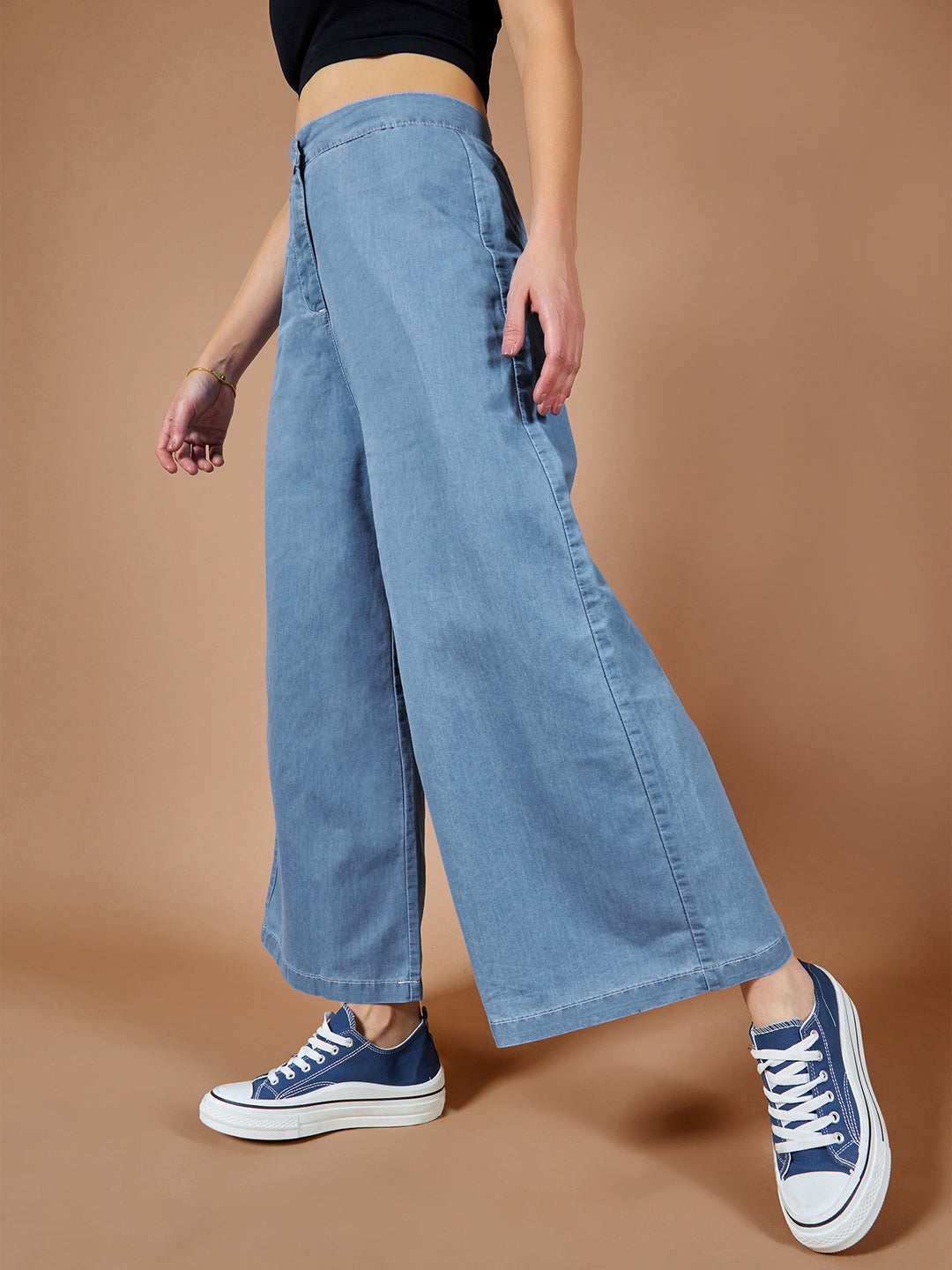 Women's Blue Flared Wide-Leg High-Rise Non Stretchable Denim Culottes Pants