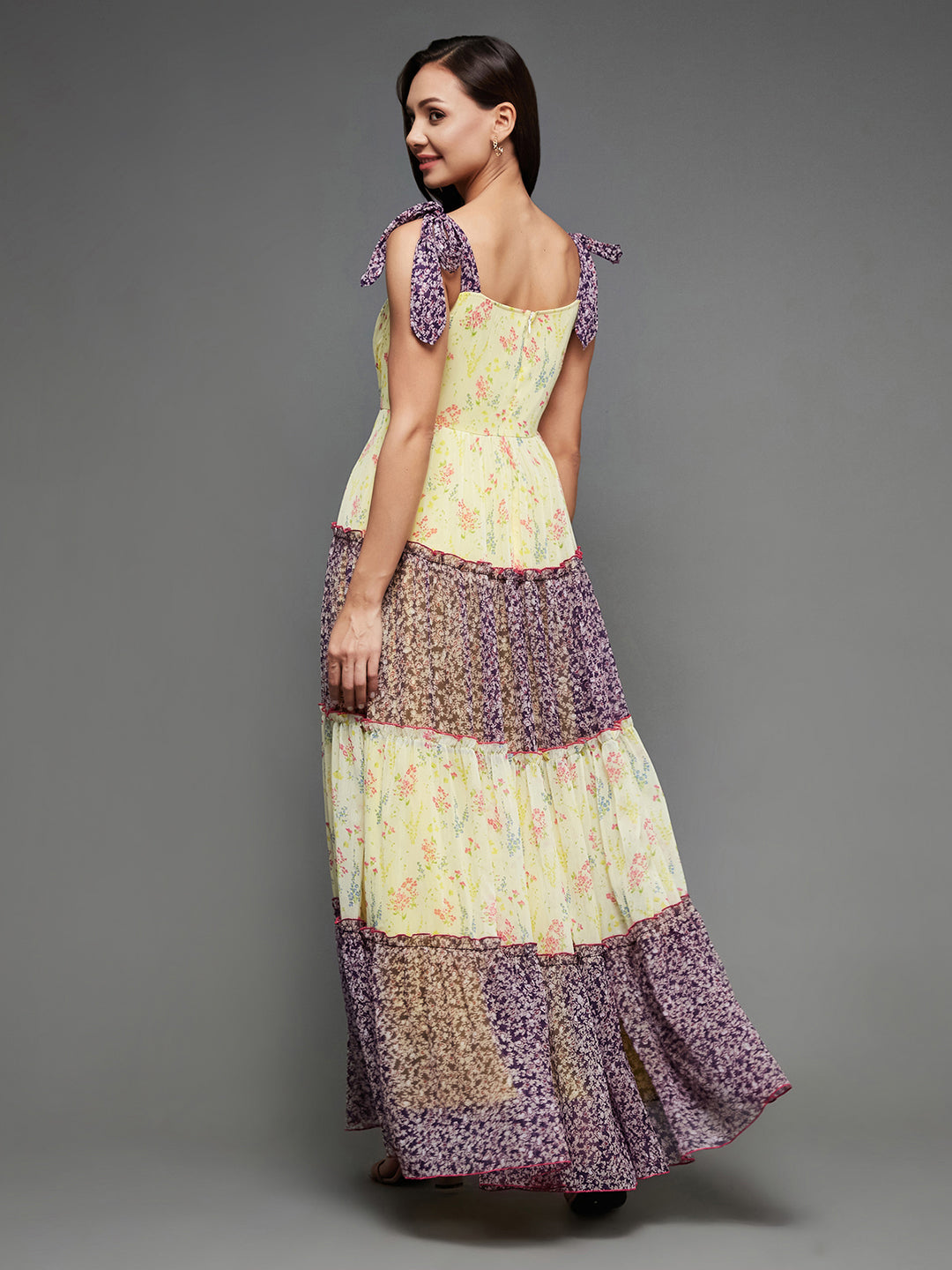 Women's Multicolored Square Neck Shoulder Strap Tie-Up Floral Patterned Tiered Maxi Chiffon Dress