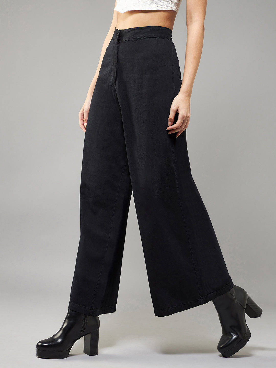 Women's Black Wide-Leg High-Rise Light Weight Light Weight Culottes Pants
