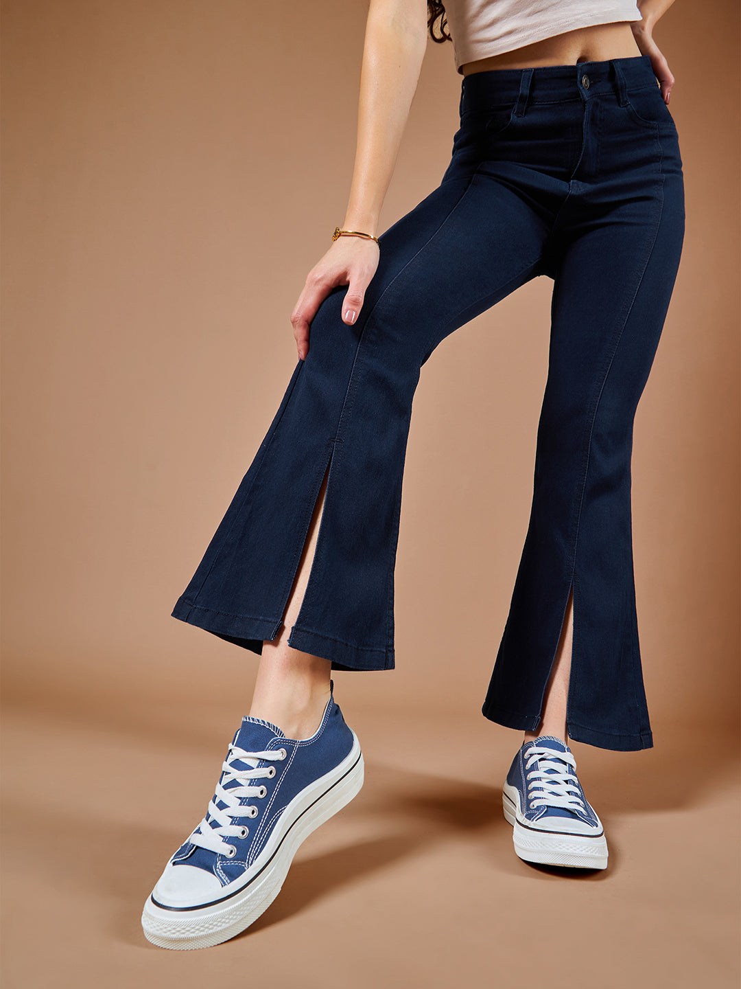 24/7 Comfort Navy-Blue Bell-Bottom Bootcut High-Rise Stretchable Slit Denim Jeans