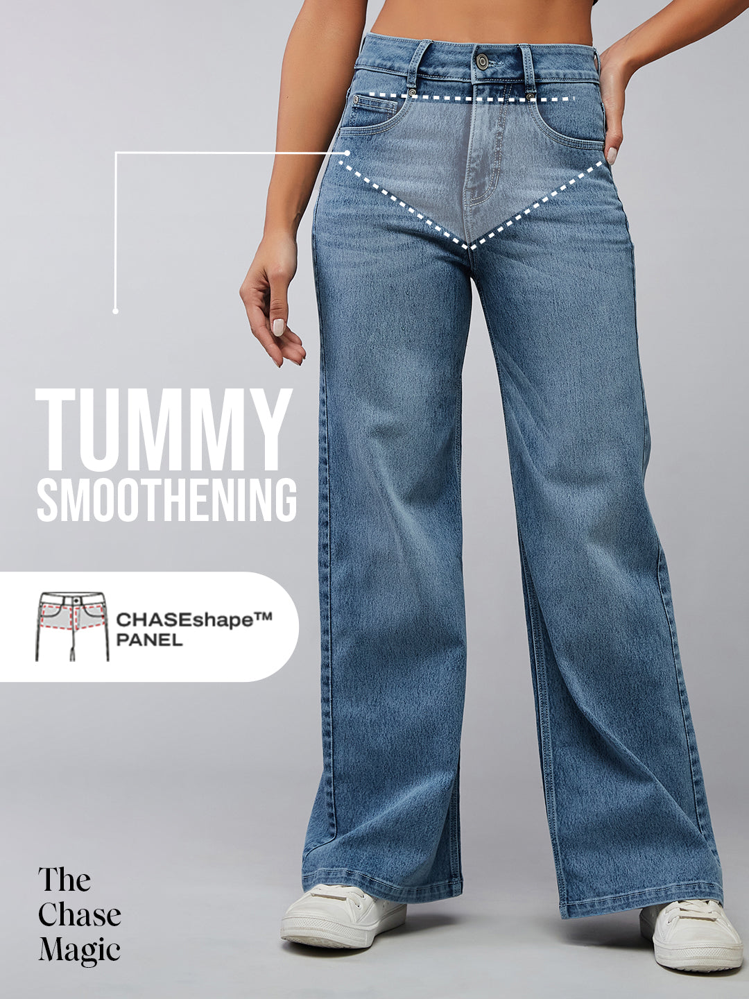 Tummy Smoothening Light-Shaping Wide-Leg High-Rise Light-Blue Denim Jeans