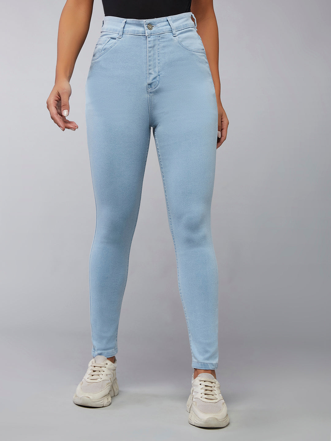 24/7 Comfort Light Blue Skinny Fringed Hemline Detailing High-Rise Cropped Solid Stretchable Denim Jeans
