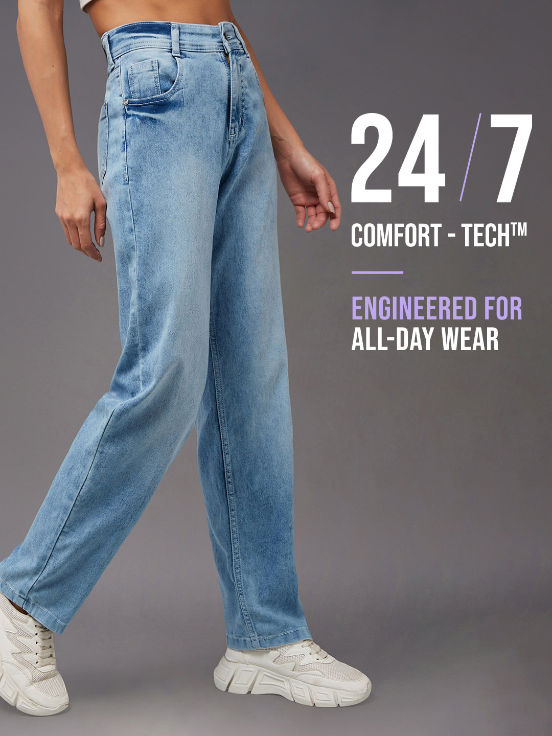 24/7 Comfort Light-Blue Wide-Leg Fit High-Rise Denim Jeans for Women