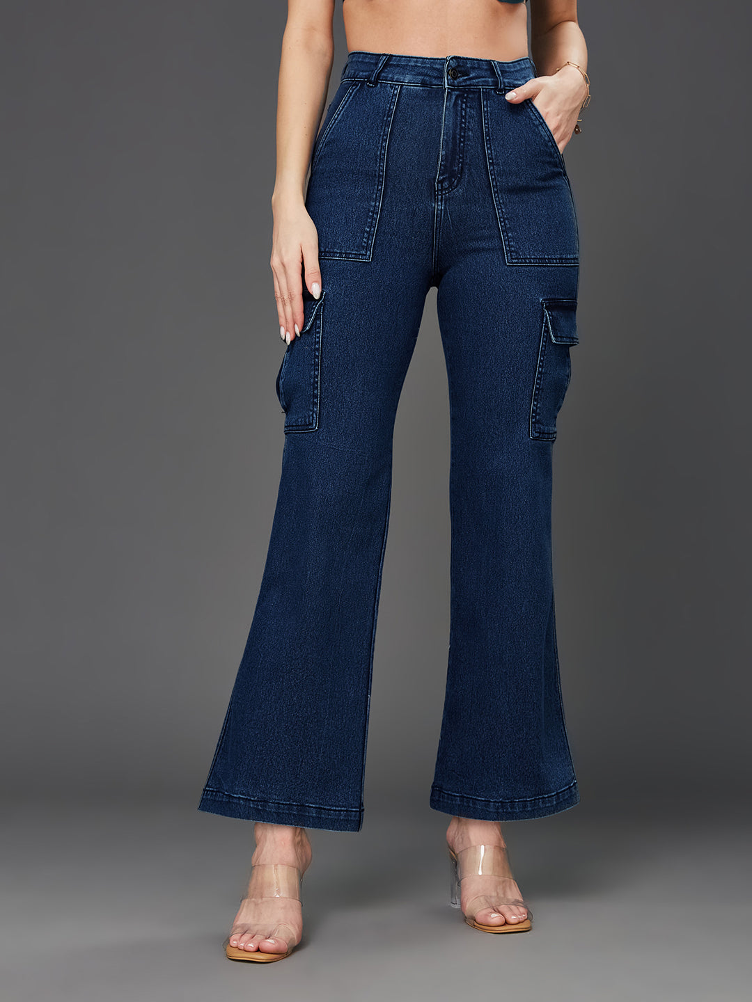 24/7 Comfort Blue Wide-Leg High-Rise Stretchable Denim Cargo Jeans