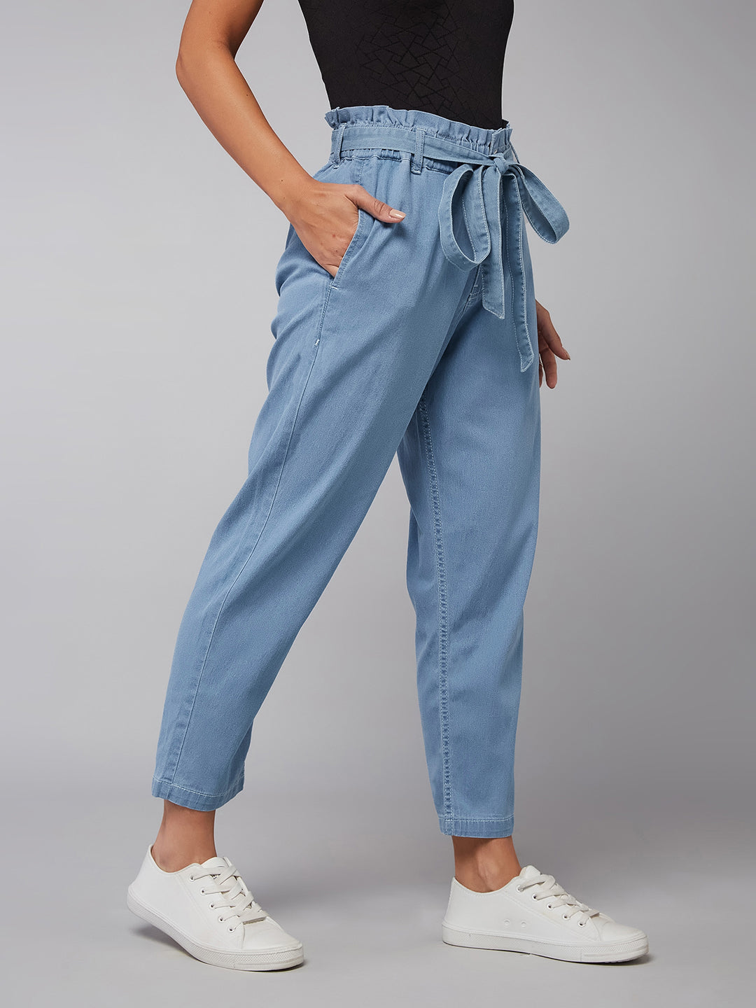 Women's Light Blue Paperbag High-Rise Stretchable Denim Jeans