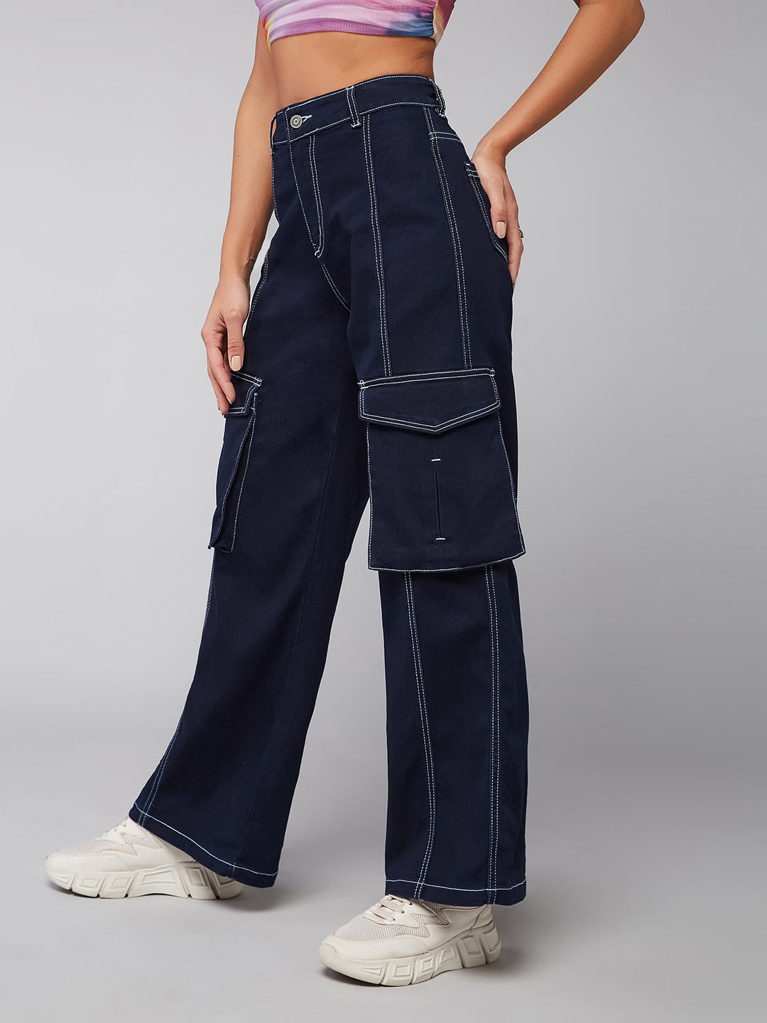 24/7 Comfort Navy-Blue Wide-Leg High-Rise Stretchable Denim Jeans
