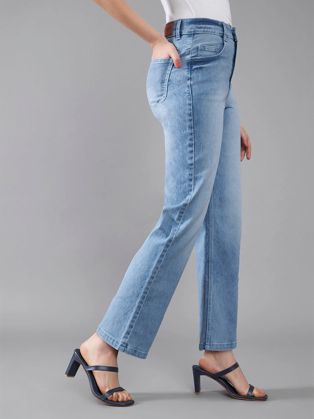 24/7 Comfort Light-Blue Wide-Leg Fit High-Rise Stretchable Denim Jeans for Women