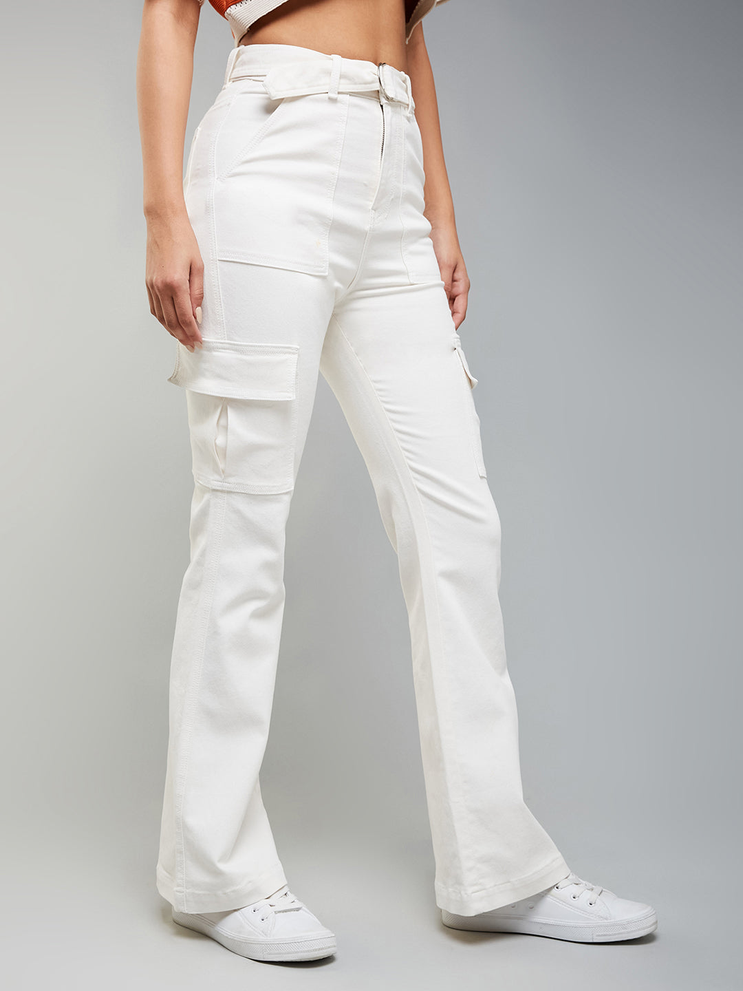 24/7 Comfort White Wide-Leg High-Rise Stretchable Cargo Denim Jeans
