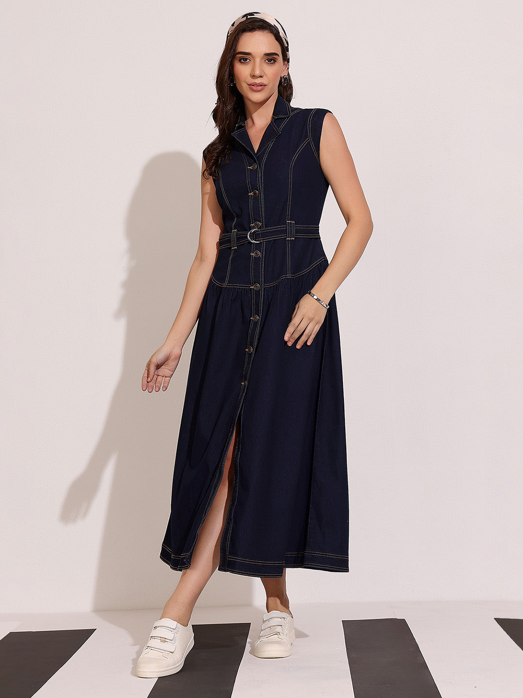 Women's Dark Blue Notched-Collar Sleeveless Solid Drop Waist Maxi-Length Light Weight Denim Shirt Dress