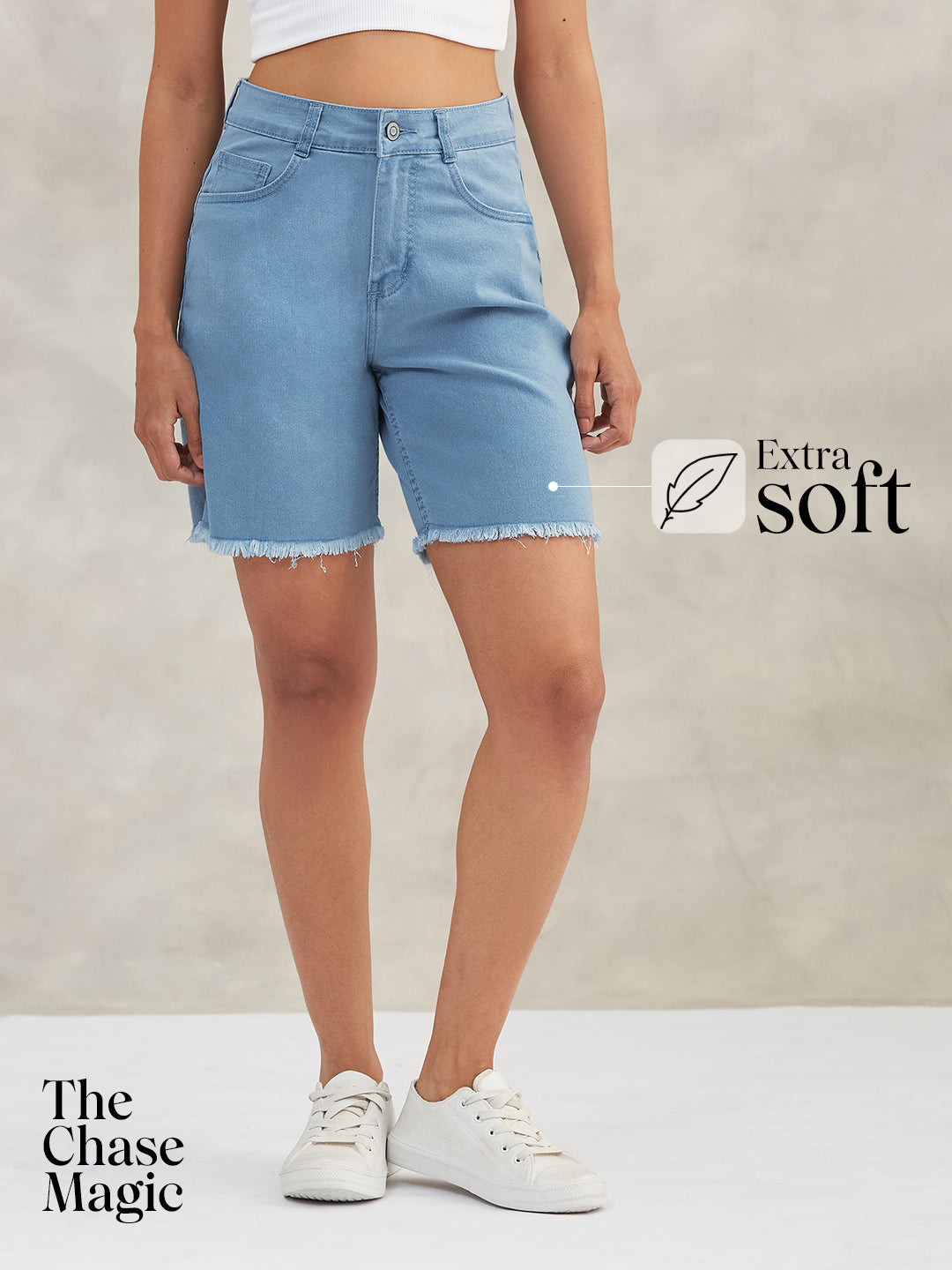 Light-Blue High-Rise Above-Knee Stretchable Denim Shorts for Women