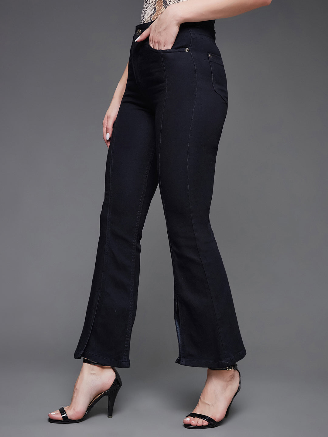 24/7 Comfort Black Bell-Bottom Bootcut Hourglass High-Rise Stretchable Slit Denim Jeans