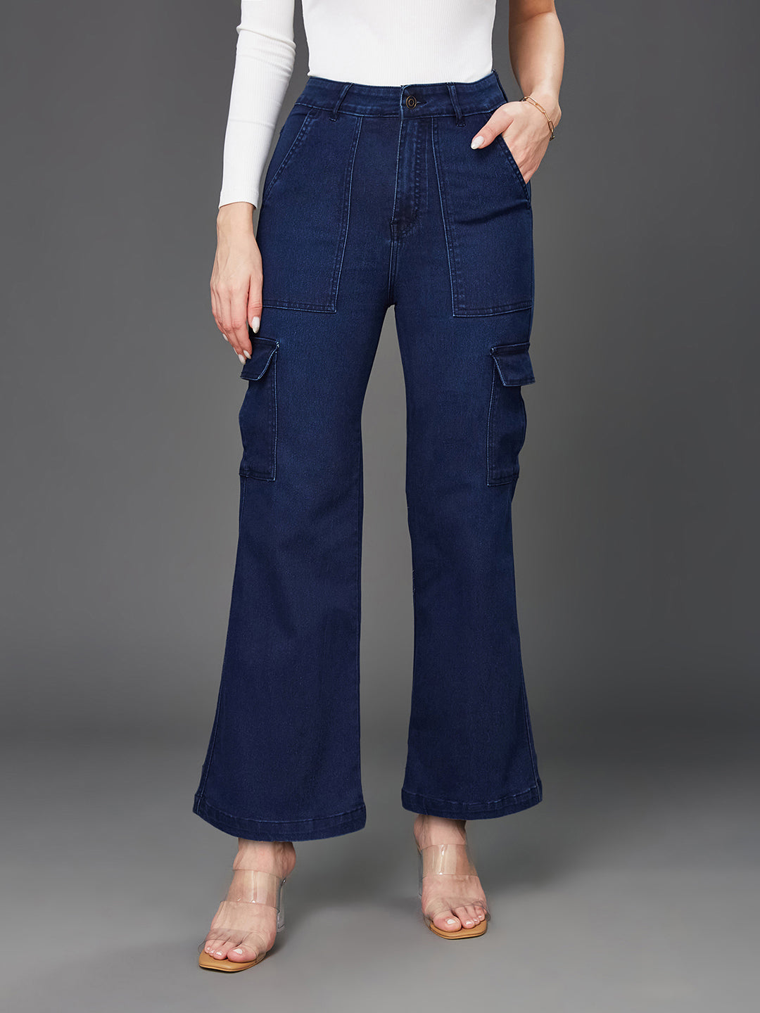 24/7 Comfort Navy Blue Wide-Leg High-Rise Clean-Look Regular-Length Stretchable Denim Cargo Jeans