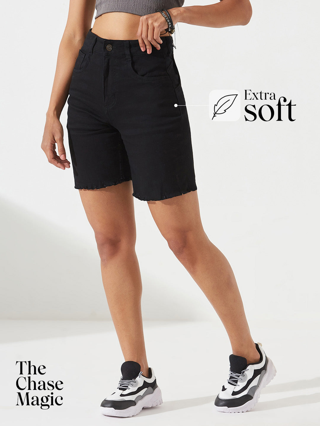 Black High-Rise Above-Knee Stretchable Denim Shorts for Women