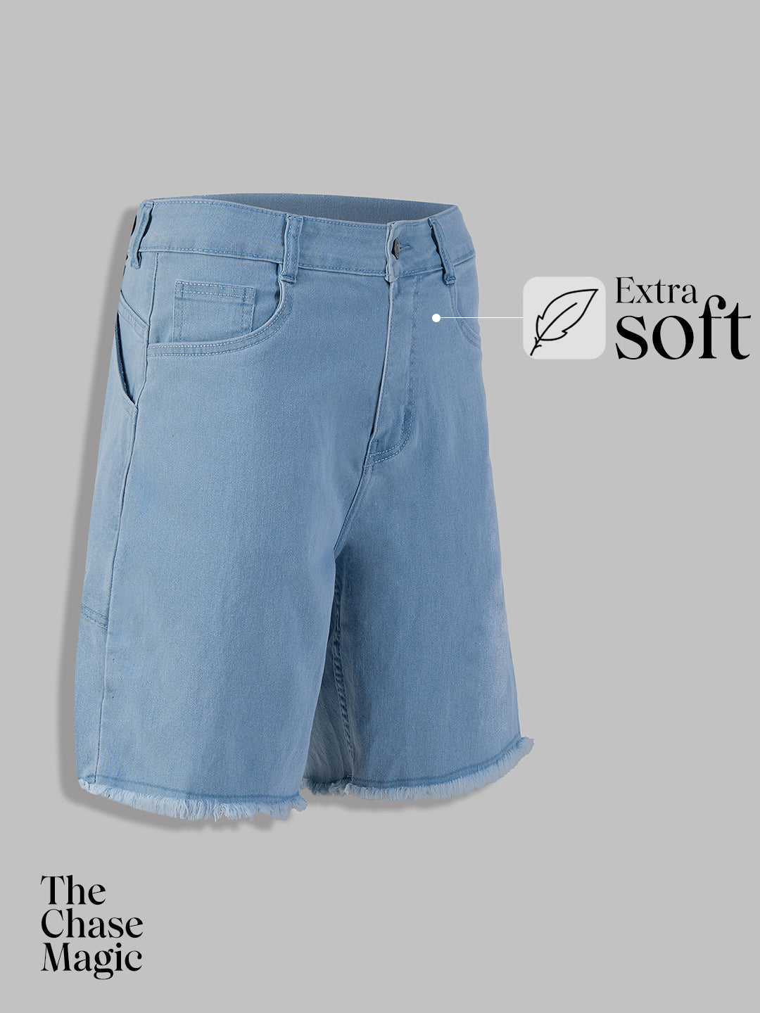 Light-Blue High-Rise Above-Knee Stretchable Denim Shorts for Women