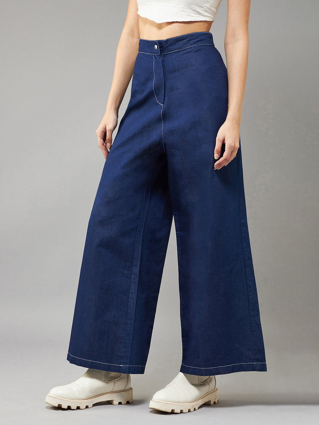 Women's Navy Blue Wide-Leg High-Rise Light Weight Culottes Denim Pants