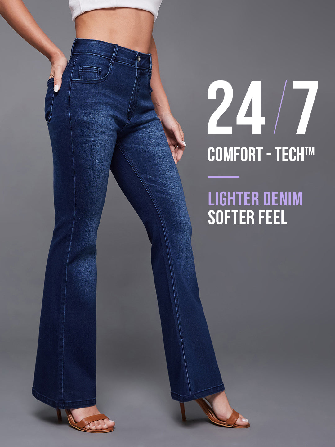 24/7 Comfort Navy-Blue Mid-Rise Stretchable Bootcut Denim Jeans for Women