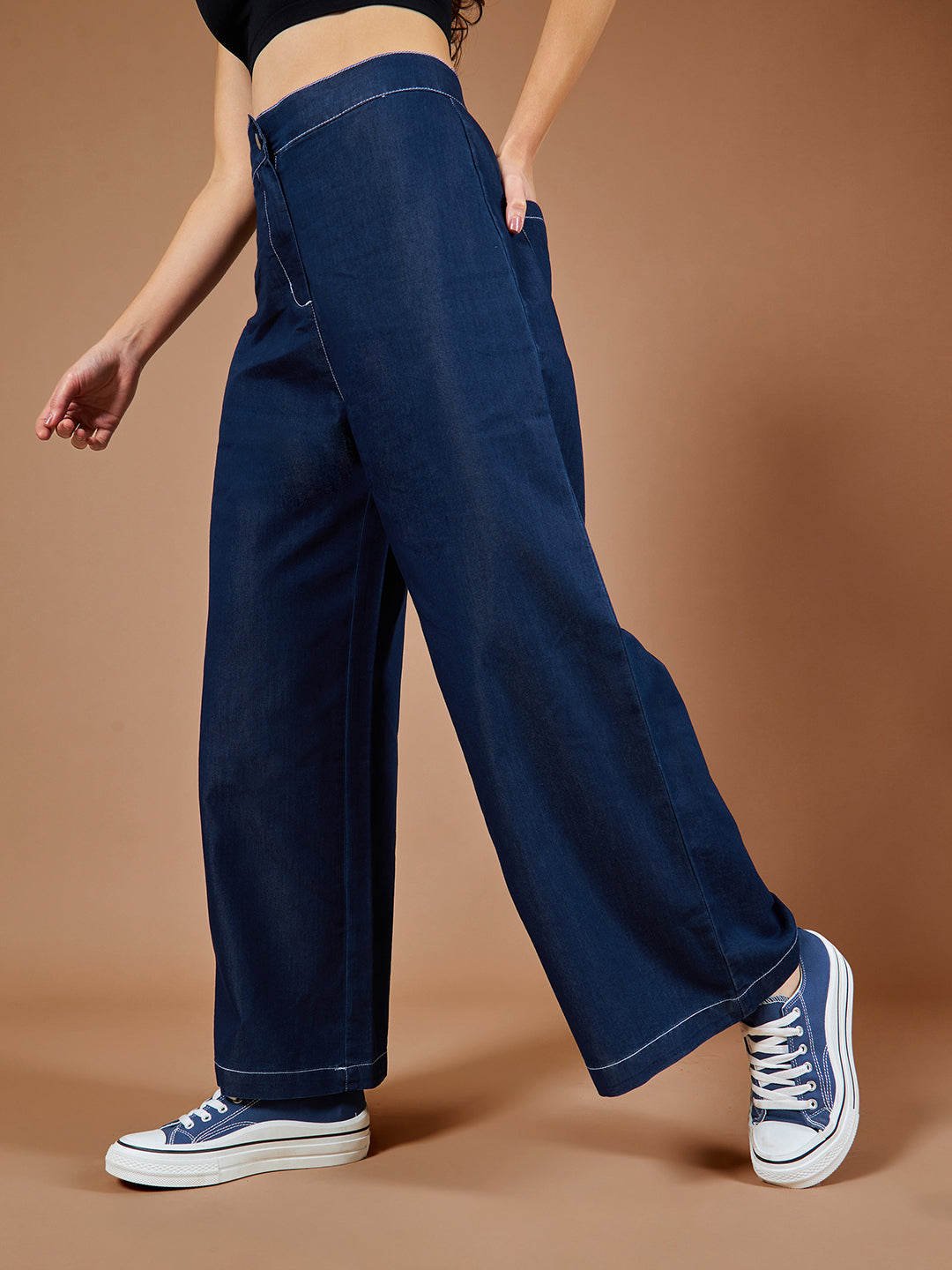 Women's Navy Blue Wide-Leg High-Rise Denim Pants