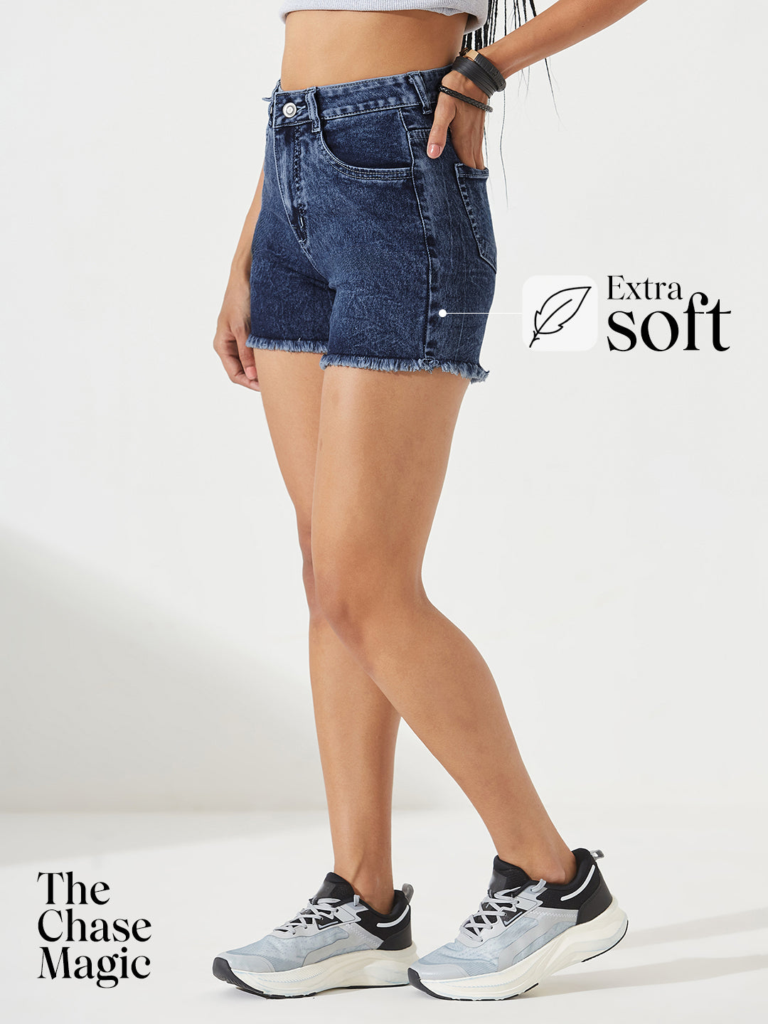 Navy Blue Relaxed Fit High-Rise Regular-Length Stretchable Denim Faded Shorts for Women