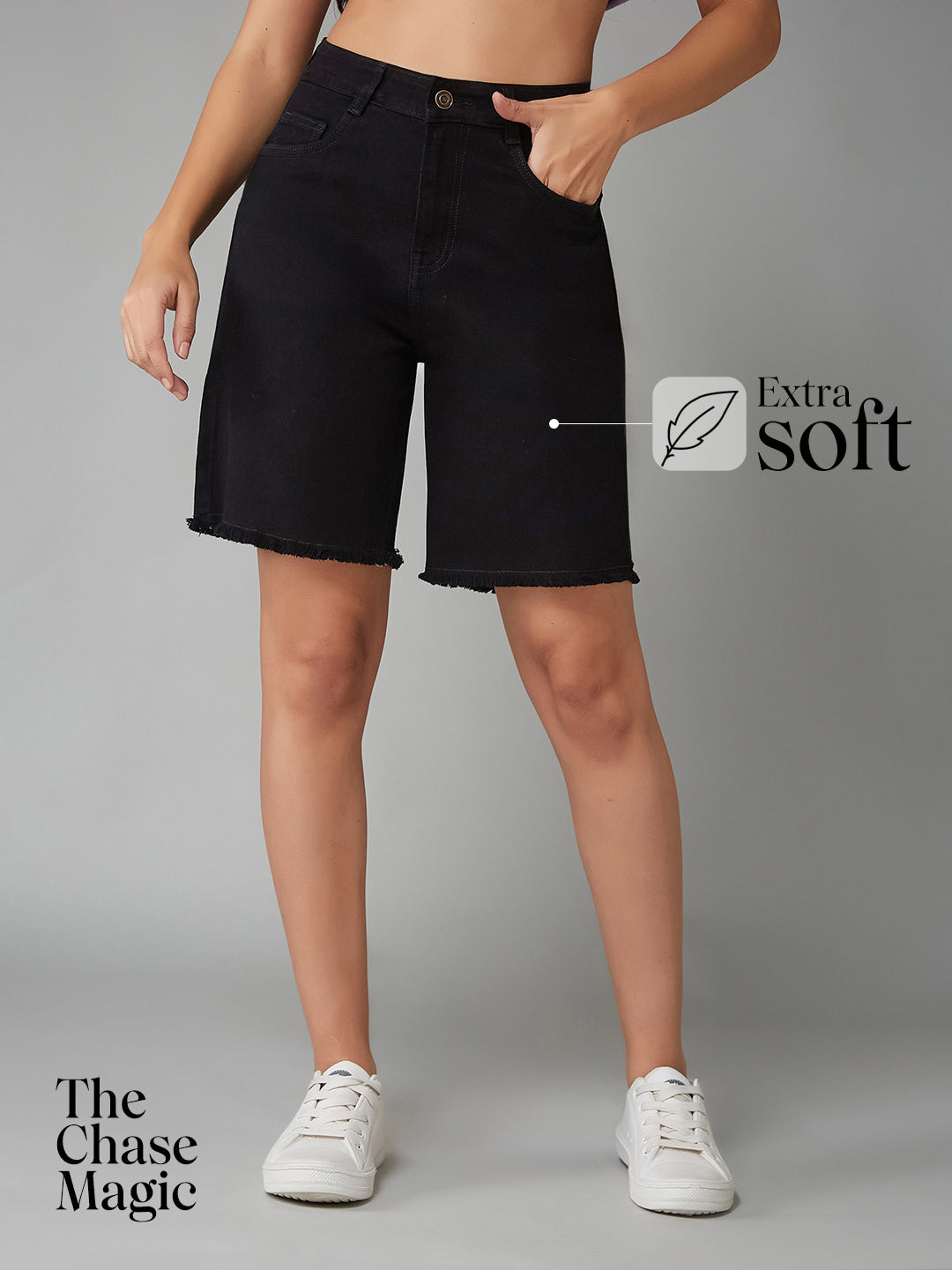 Black Regular High-Rise Clean-Look Above Knee Stretchable Denim Shorts for Women