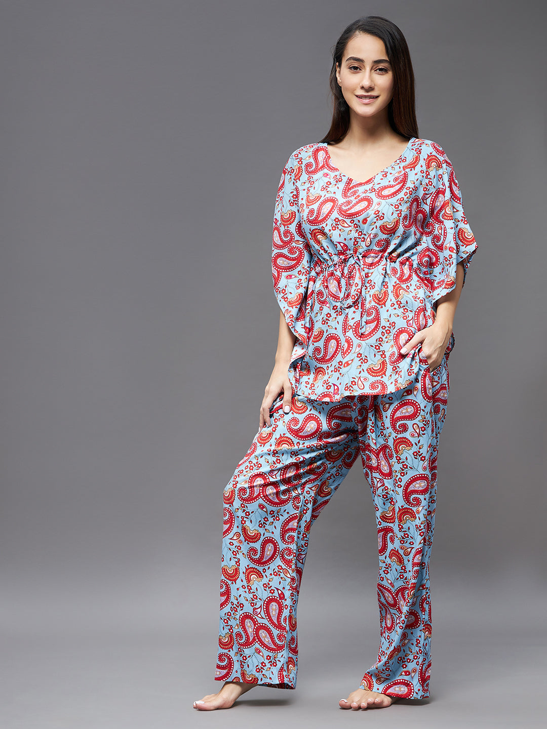 Women's Blue and red V Neck Kaftan Sleeve Printed Tie-Up Waist Regular Kaftan & Pajama Set