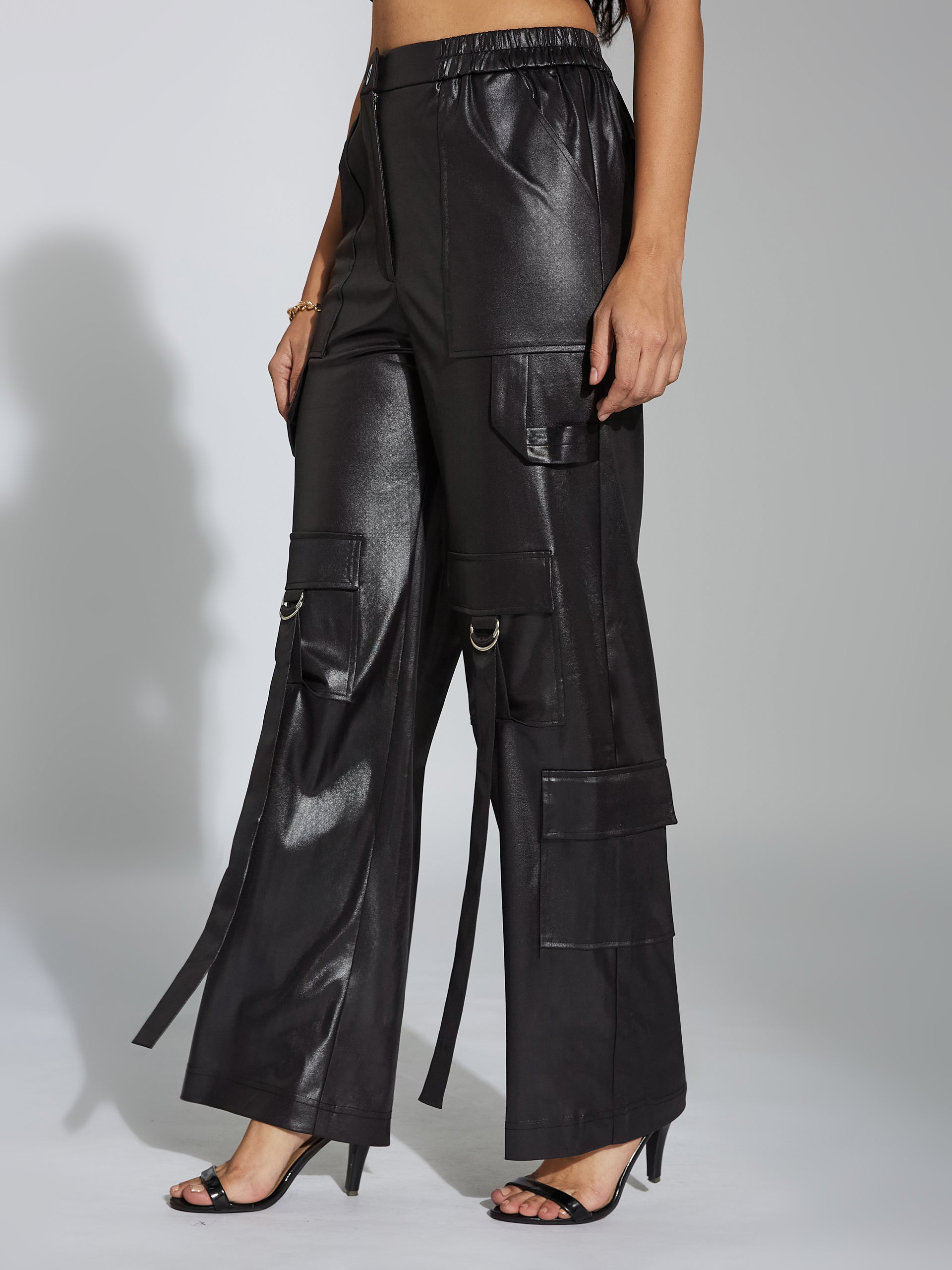 Women's Black Relaxed-Fit Regular-Length Stretchable Polyester Pants