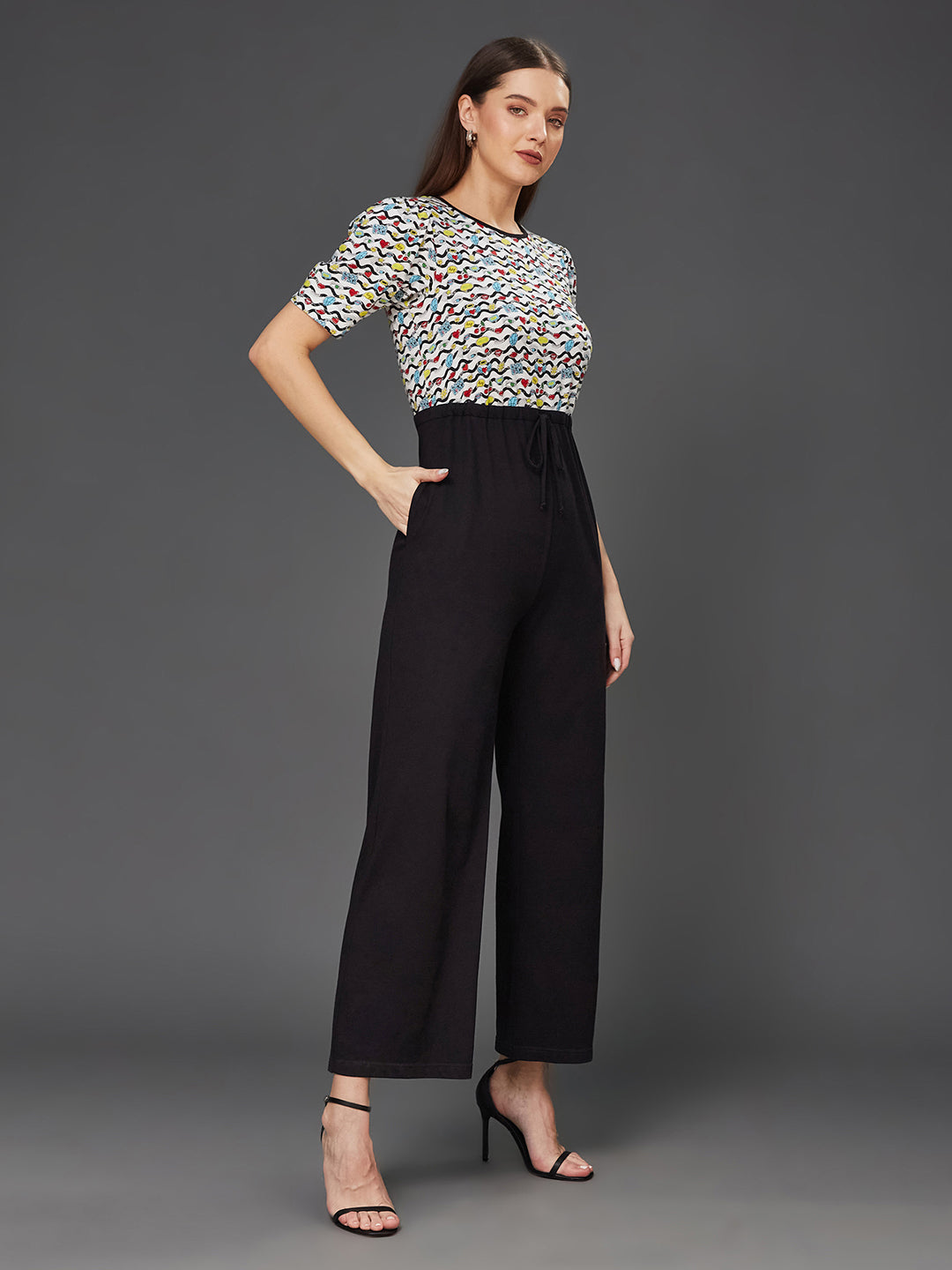 Women's Multicolored Round Neck Half Sleeve Conversational Waist Tie-Up Pure Cotton Regular-Length Jumpsuit