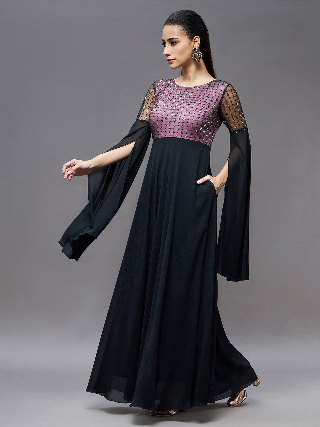 Women's Black & Lavender Relaxed Fit Maxi Georgette & Sequins Dress
