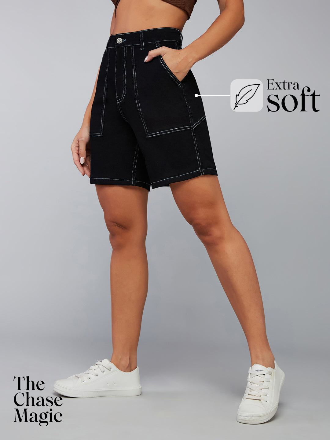 Black Regular High-Rise Clean-Look Above Knee Stretchable Denim Shorts for Women