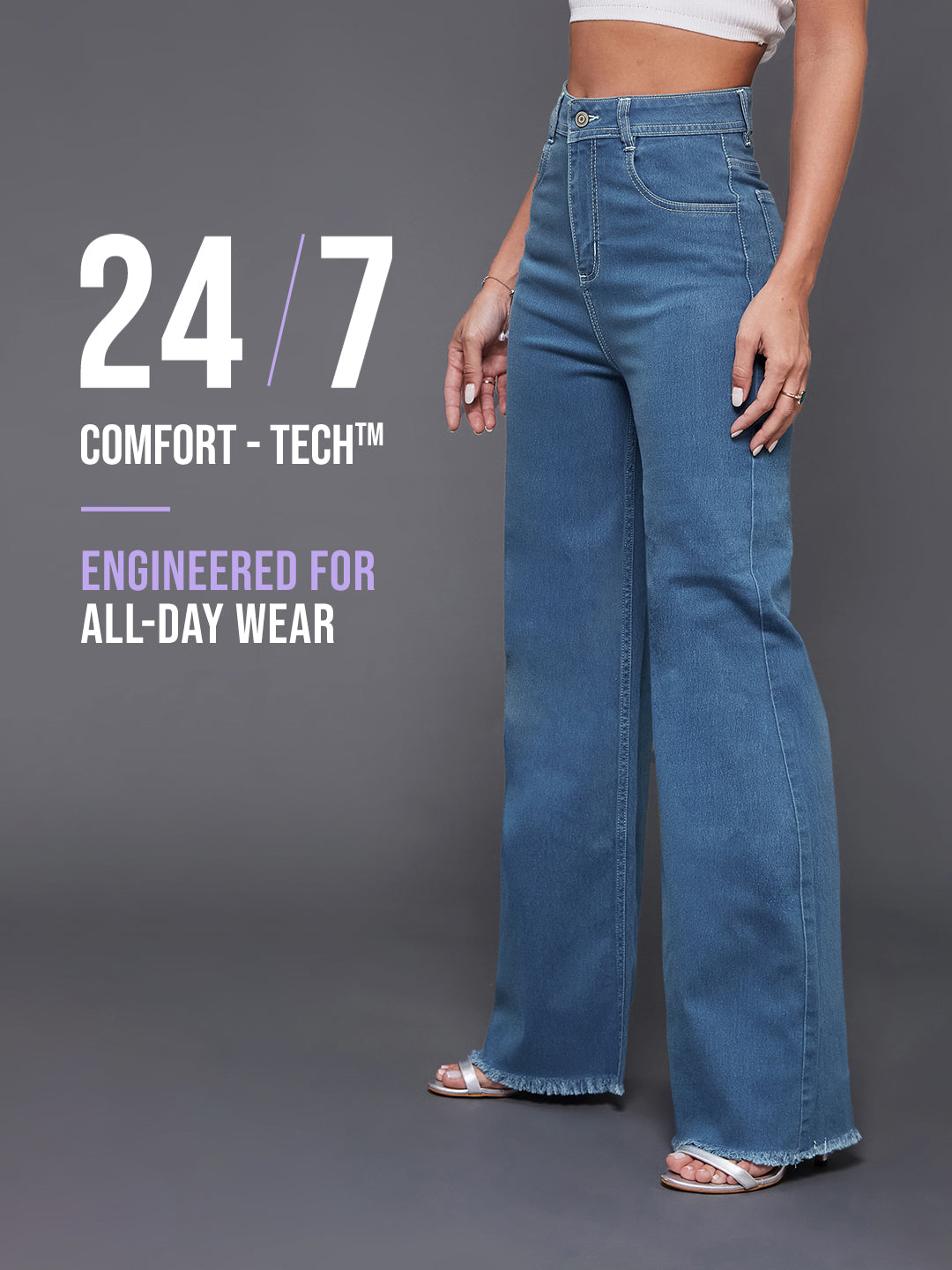 24/7 Comfort Blue Wide-Leg High-Rise Stretchable Denim Jeans for Women