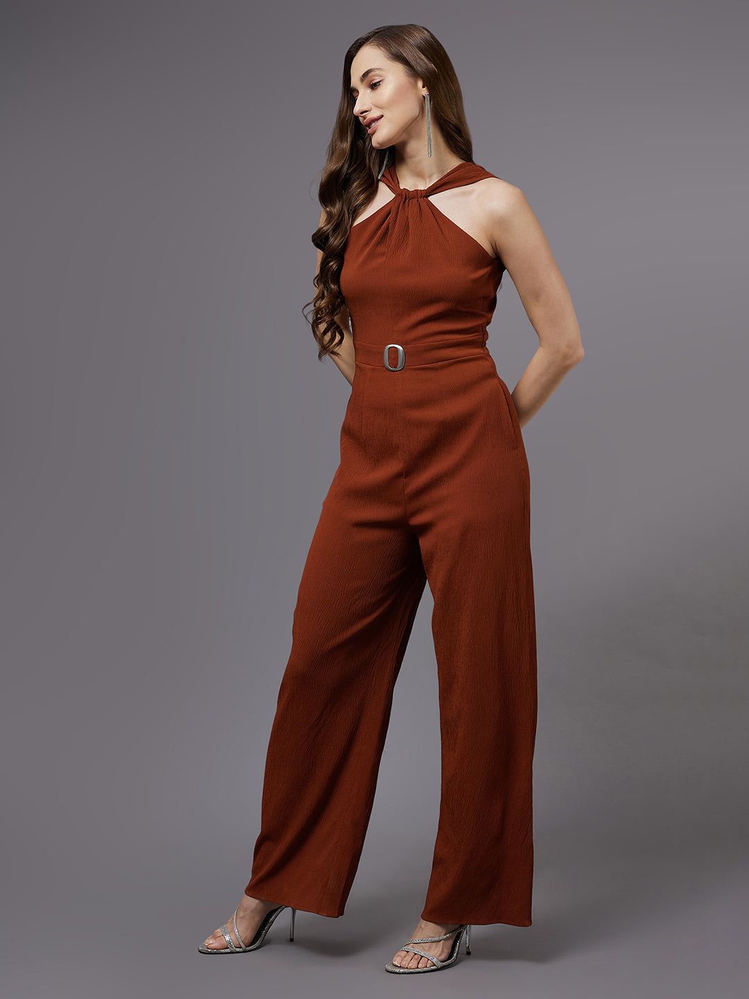 Women's Rust Halter Neck Sleeveless Solid Straight Leg Regular length Jumpsuit