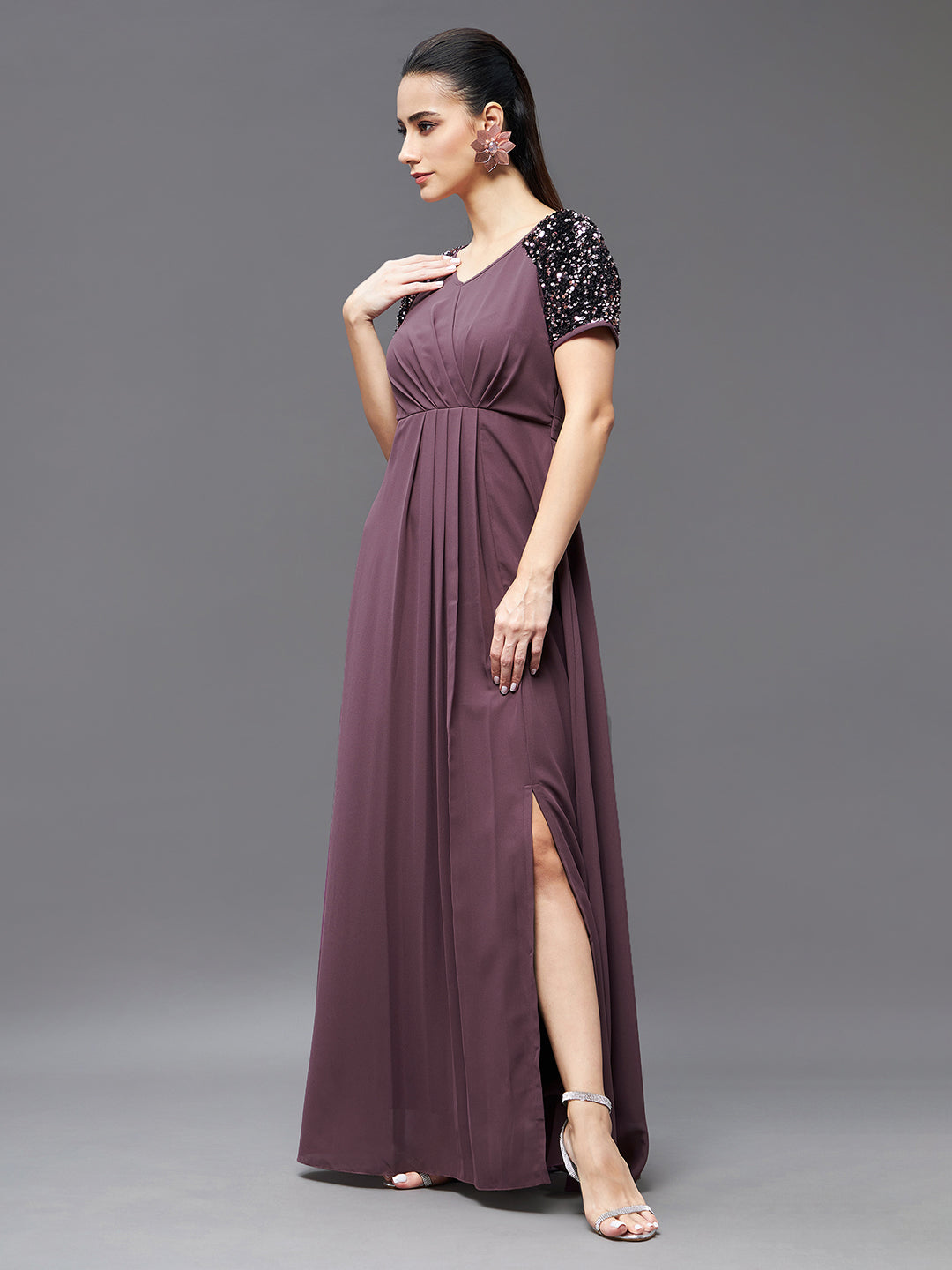 Mauve Half Sleeves Sequinned Fit and Flare Maxi Dress Long Dress Frock for Women