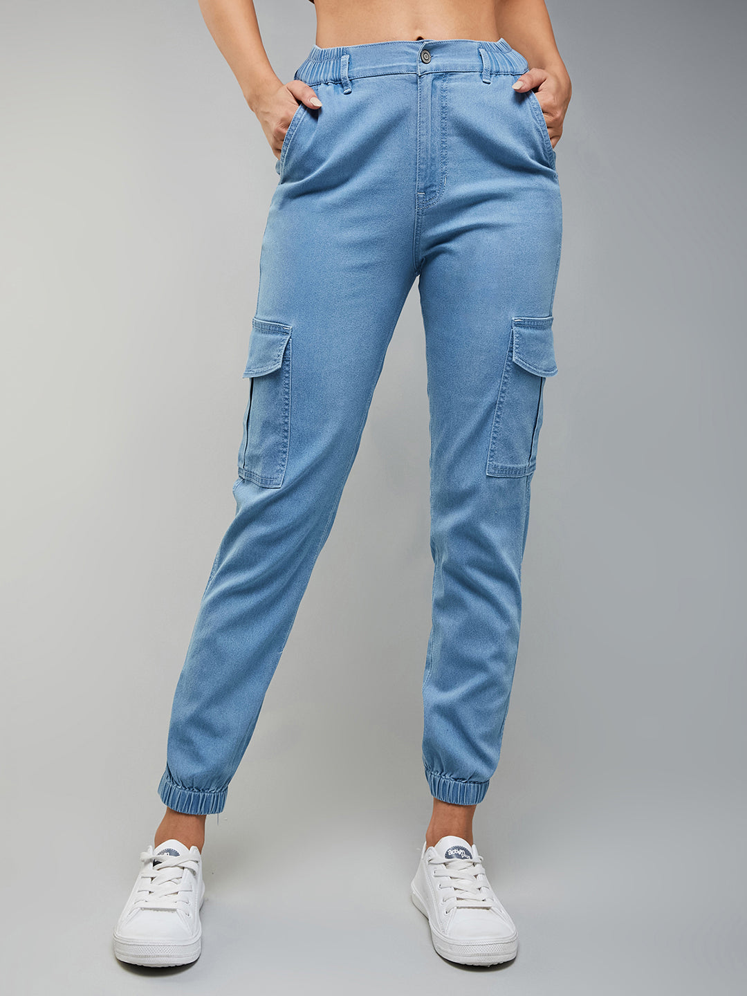 Women's Light Blue Regular High-Rise Light Weight Stretchable Denim Joggers