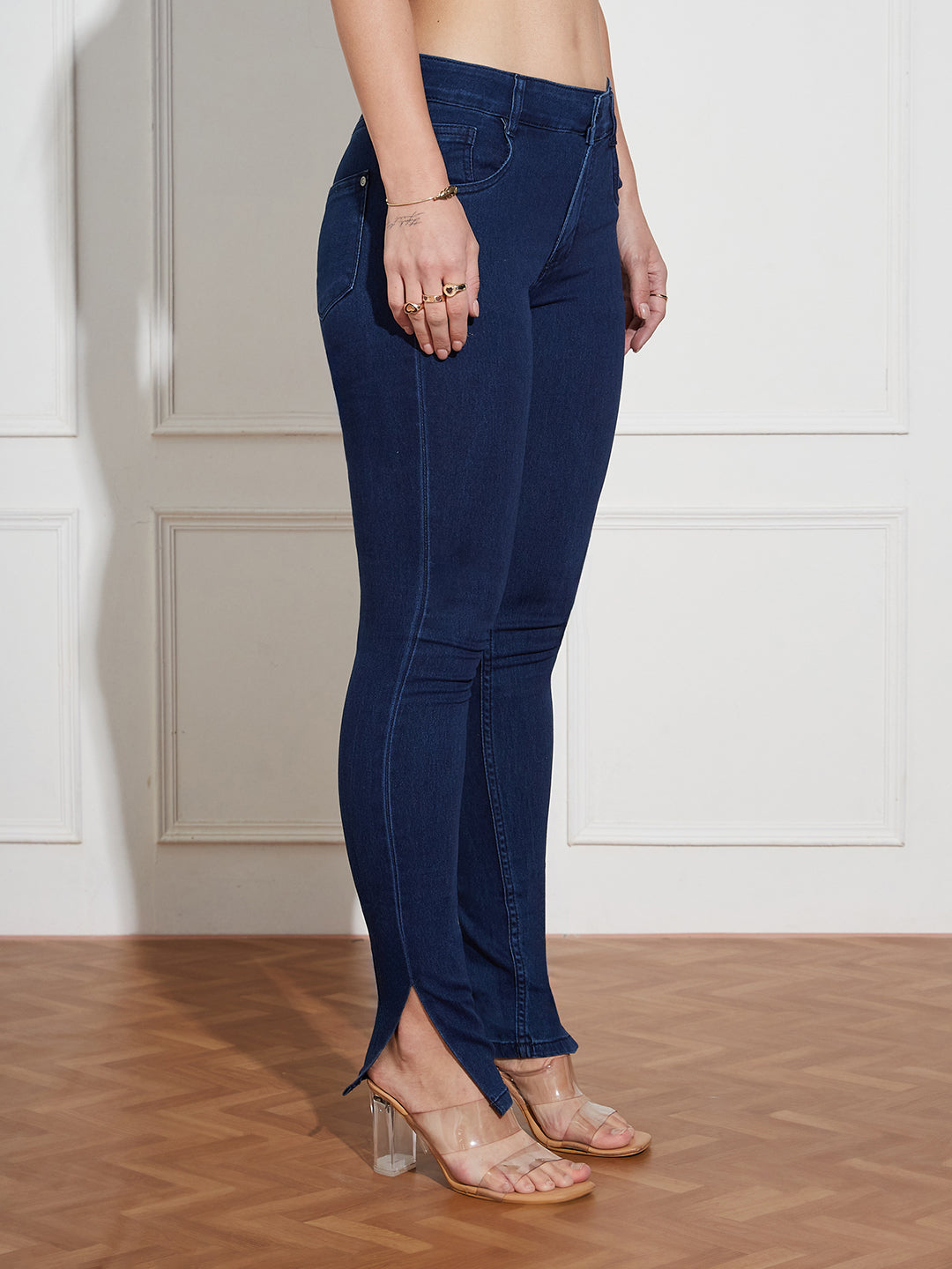 Women's Navy Blue Skinny Fit Mid Rise Cropped Length Side Slit Denim Stretchable Jeans