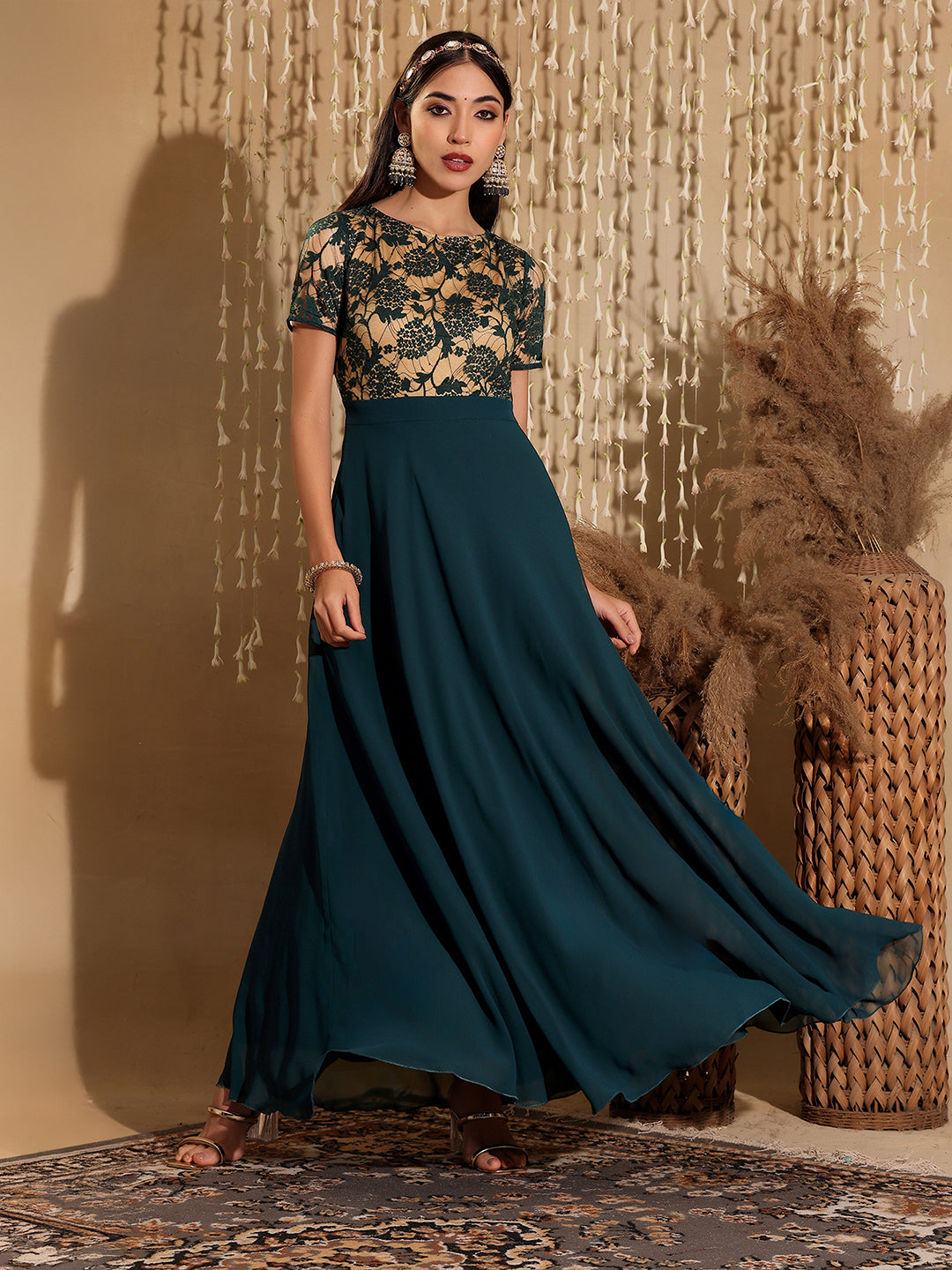 Women's Teal Round Neck Half Sleeve Self Design Fit & Flare Georgette Maxi Dress