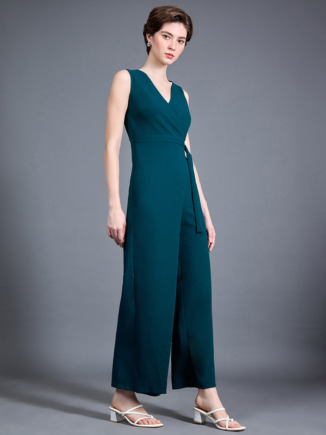 Teal V-Neck Sleeveless Solid Wrap Regular-Length Polyester Jumpsuit for Women — Nine Vogue
