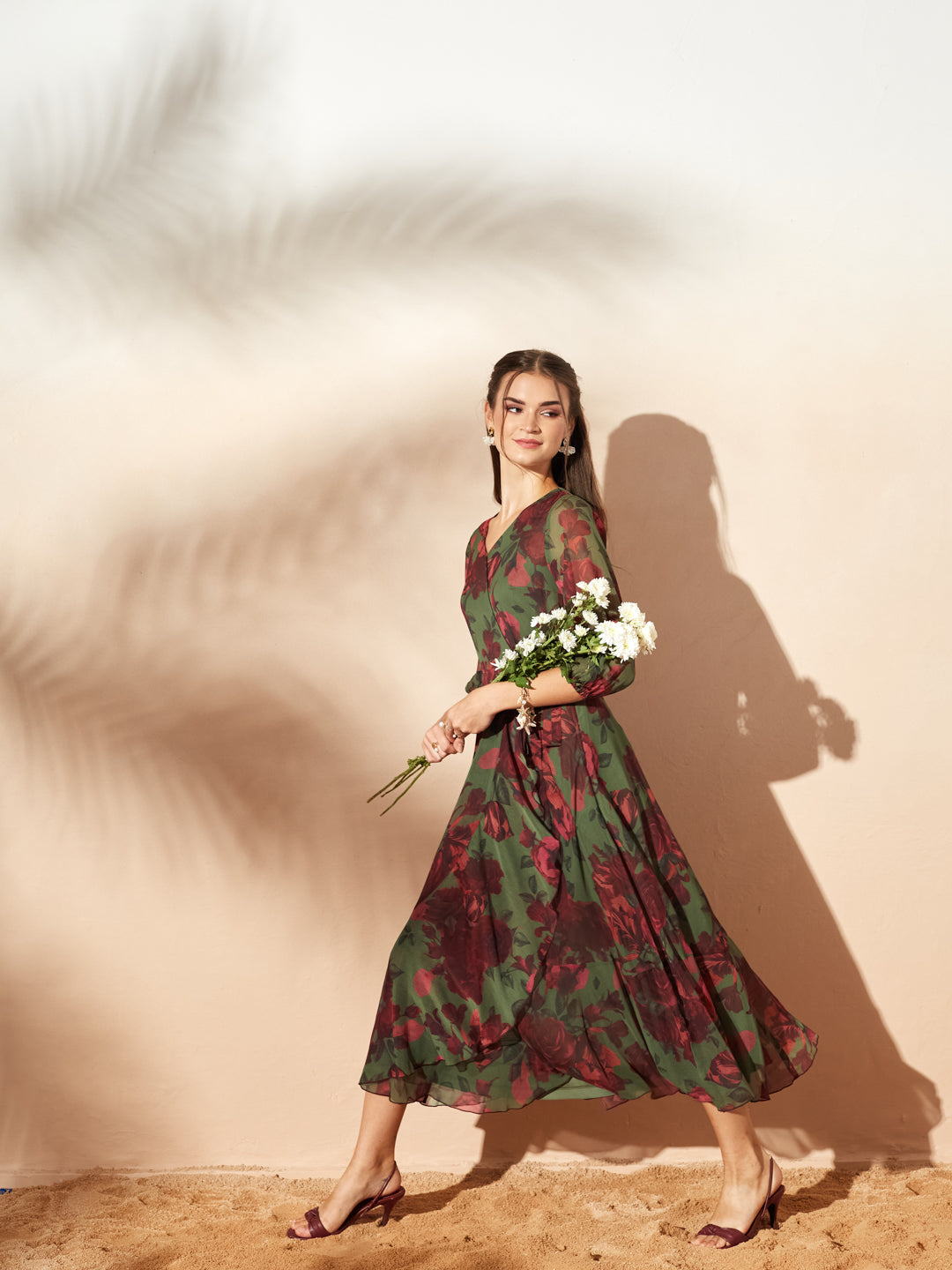 Women’s Olive & Wine Floral V-Neck 3/4 Sleeve Wrap Midi Chiffon Dress for Women — Miss Chase